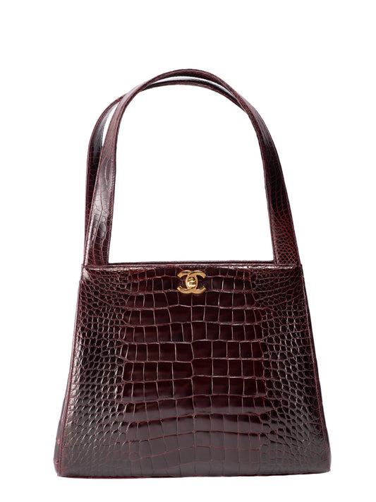 シャネル ターンロック シャインクロコ ワンショルダーバッグ アリゲーター ボルドー ゴールド金具