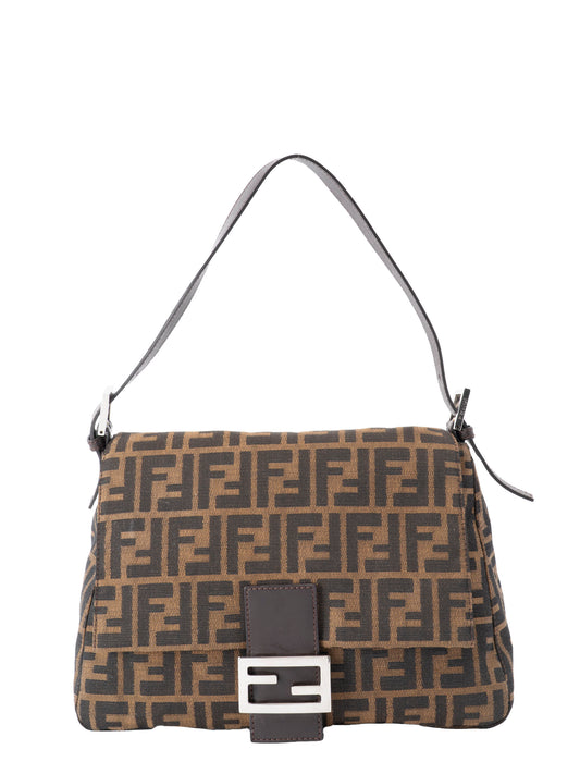 フェンディ ズッカ マンマバケット ショルダーバッグ キャンバス ブラウン シルバー金具