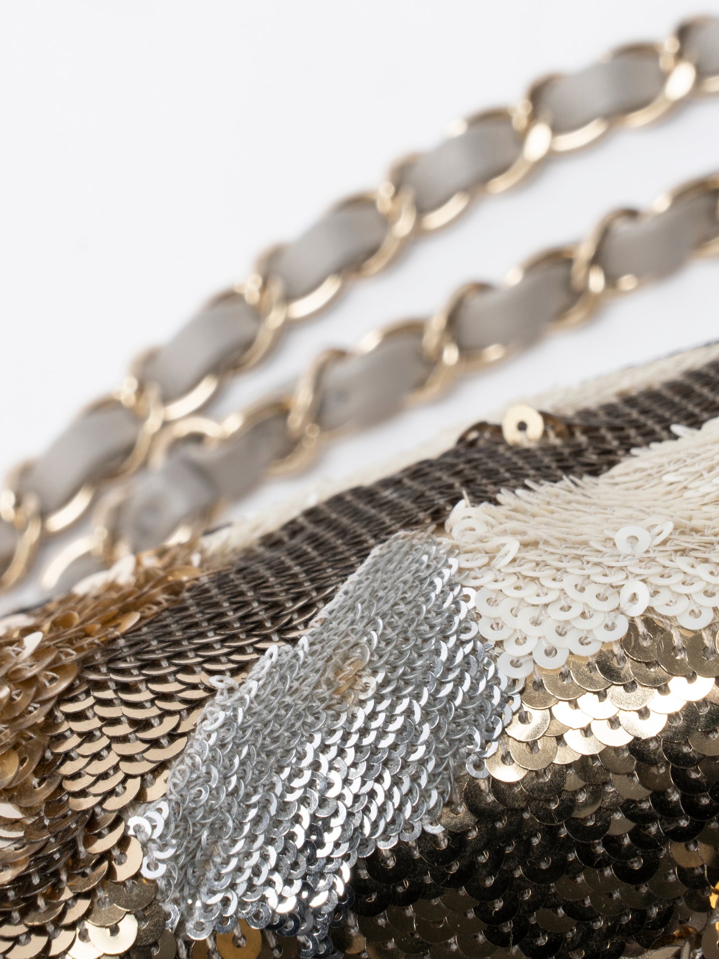 シャネル ココマーク フラップチェーンショルダーバッグ スパンコール ゴールド×ホワイト ゴールド金具