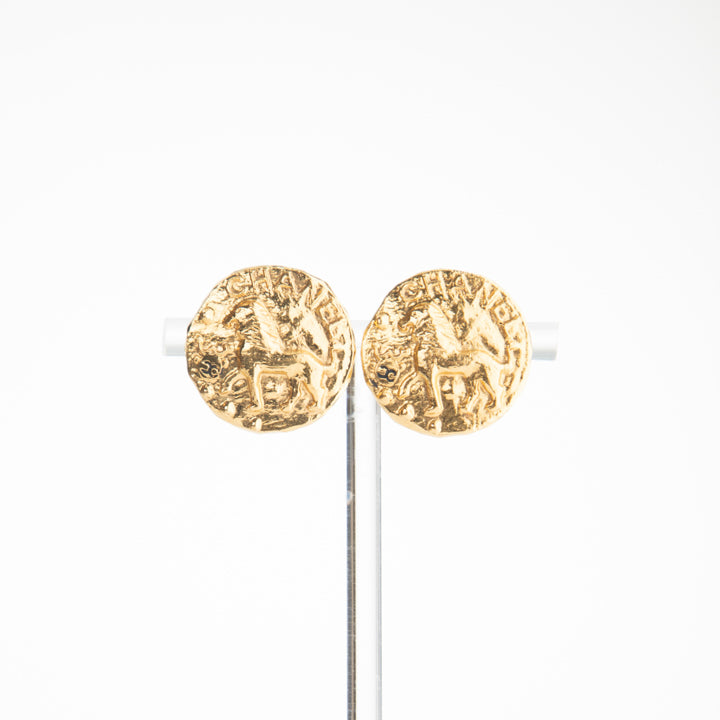 Chanel Lion Coco Mark Button Earrings Gold Plated Gold