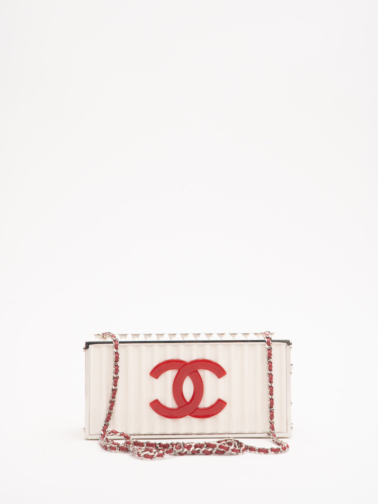 Chanel Rare Limited Container Type Chain Shoulder Bag Acrylic White Lambskin Red