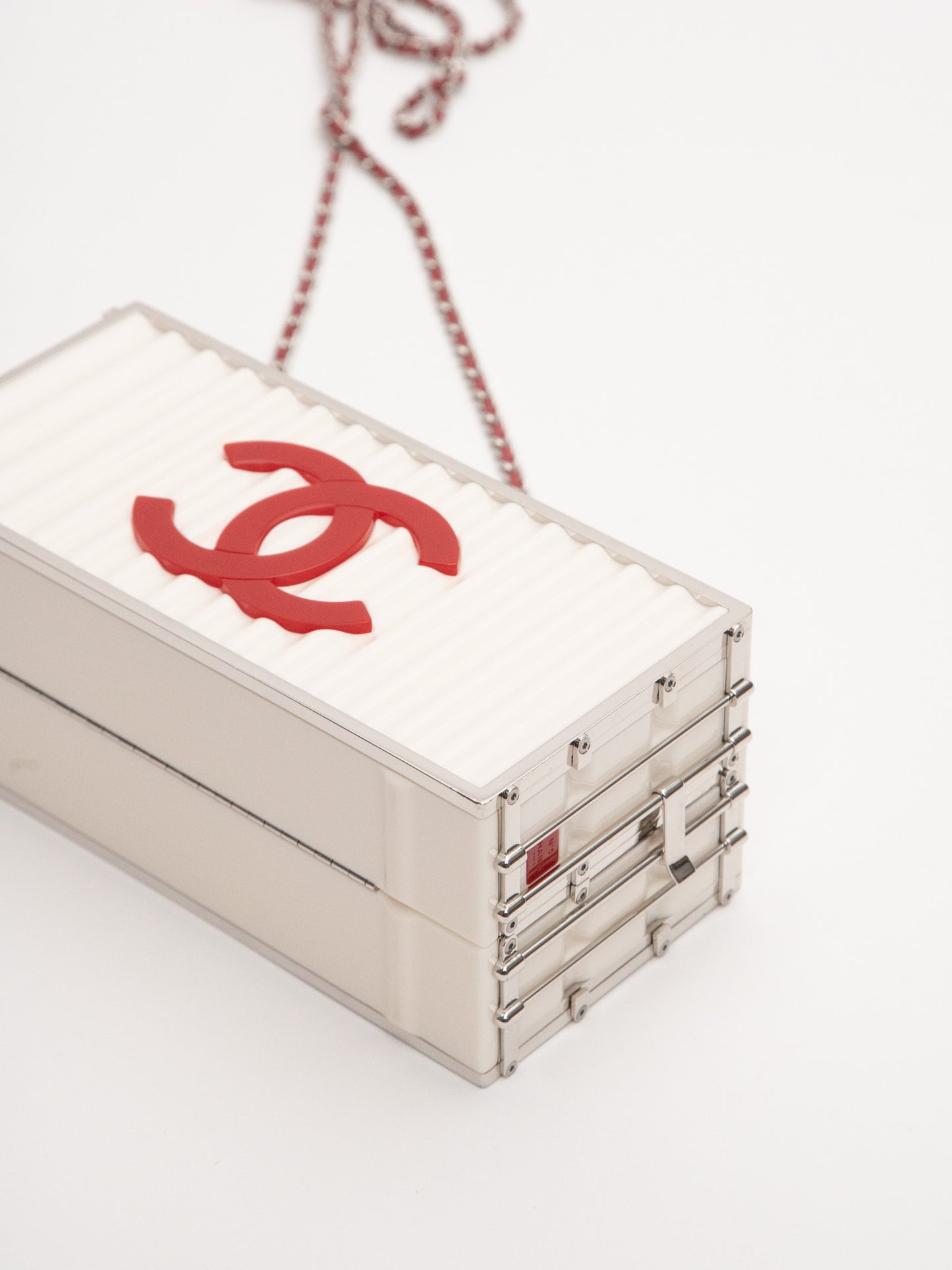 Chanel Rare Limited Container Type Chain Shoulder Bag Acrylic White Lambskin Red