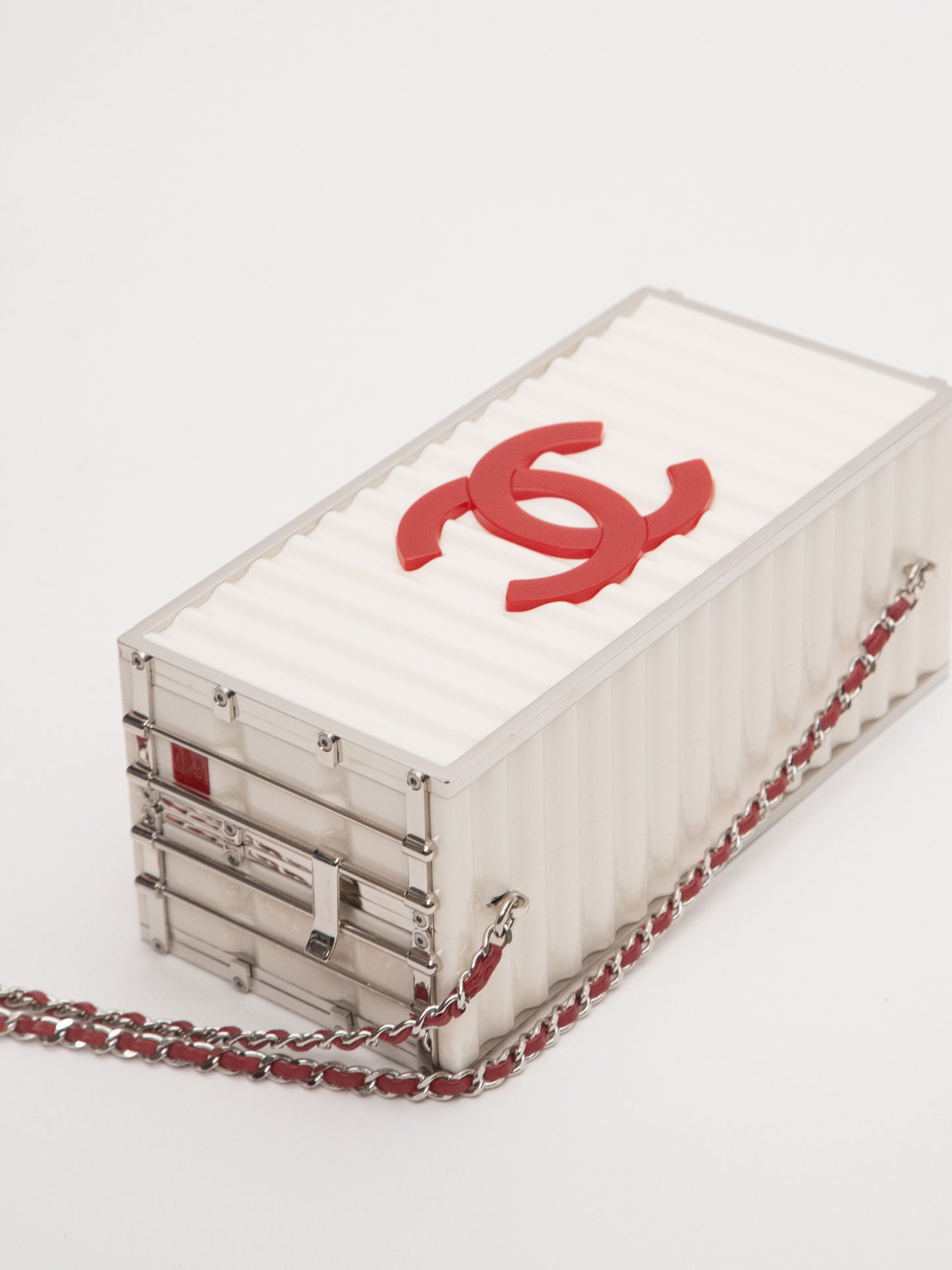 Chanel Rare Limited Container Type Chain Shoulder Bag Acrylic White Lambskin Red