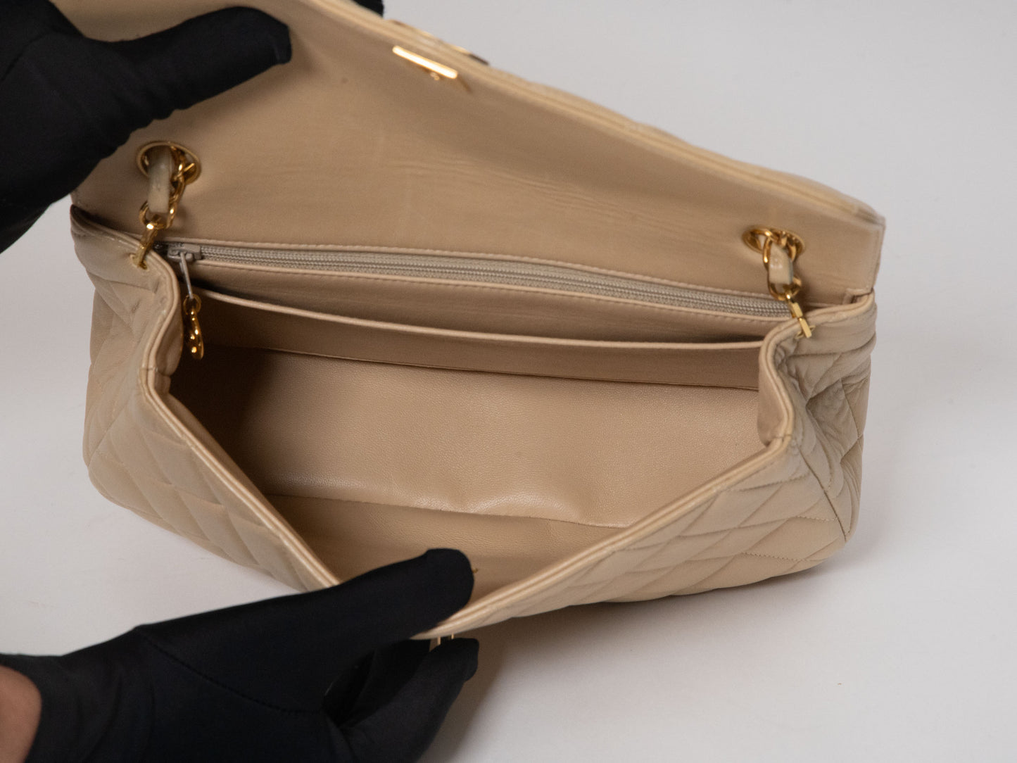 Chanel V flap matelasse handbag lambskin beige