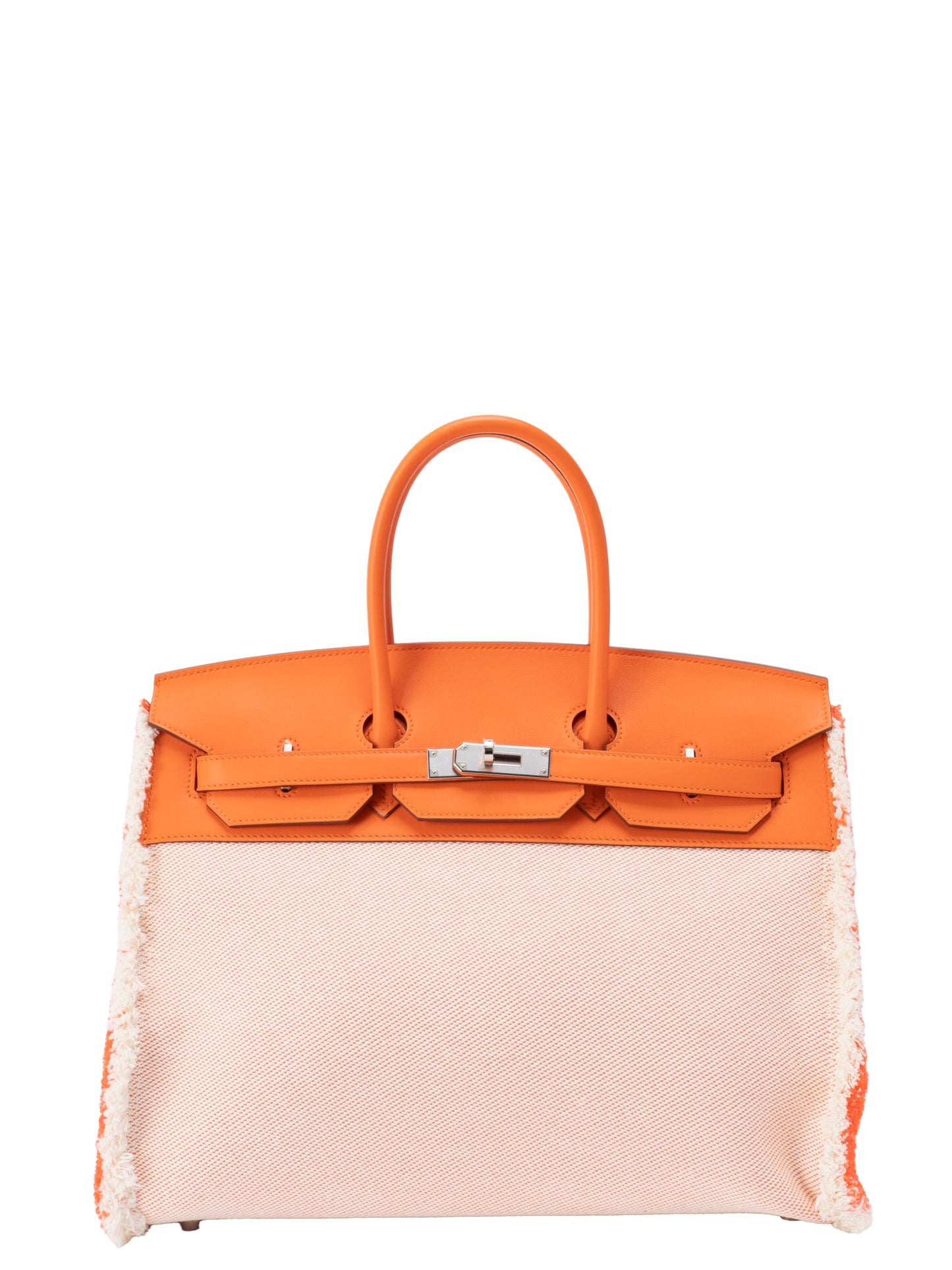 エルメス バーキン35 フレイ ハンドバッグ B刻:2023年 ツイルアッシュ×スイフト オレンジミニアム0X シルバー金具