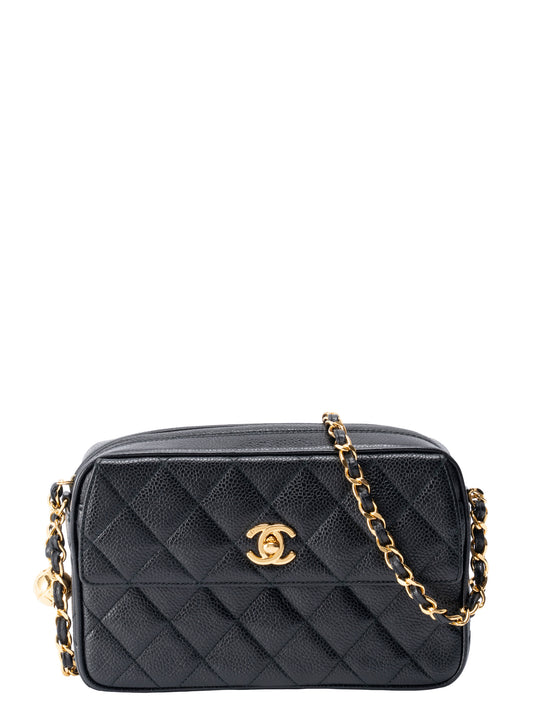 シャネル マトラッセ ターンロック チェーンカメラバッグ キャビアスキン ブラック ゴールド金具