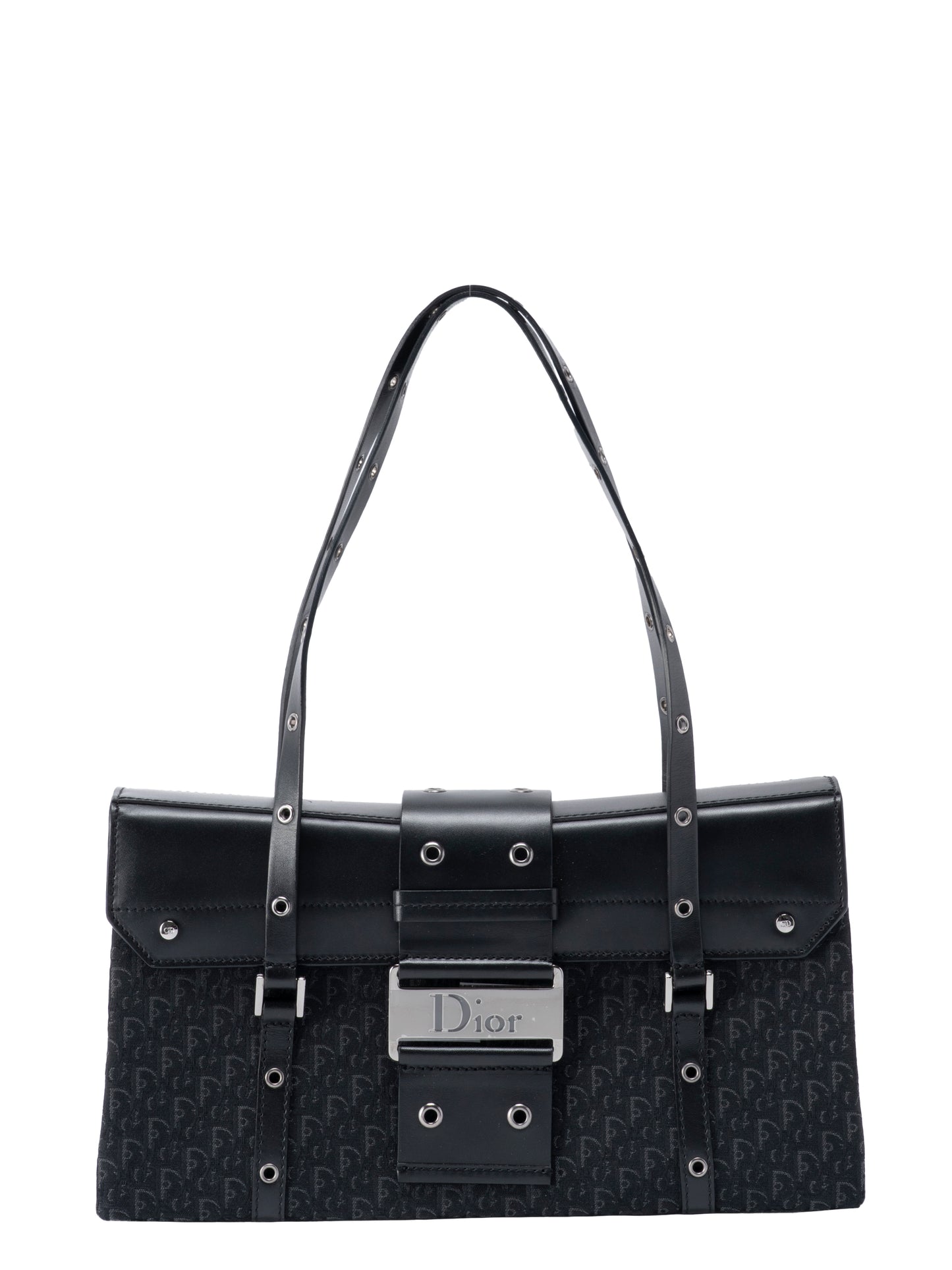 ディオール トロッター ストリートシック ショルダーバッグ レザー×キャンバス ブラック シルバー金具