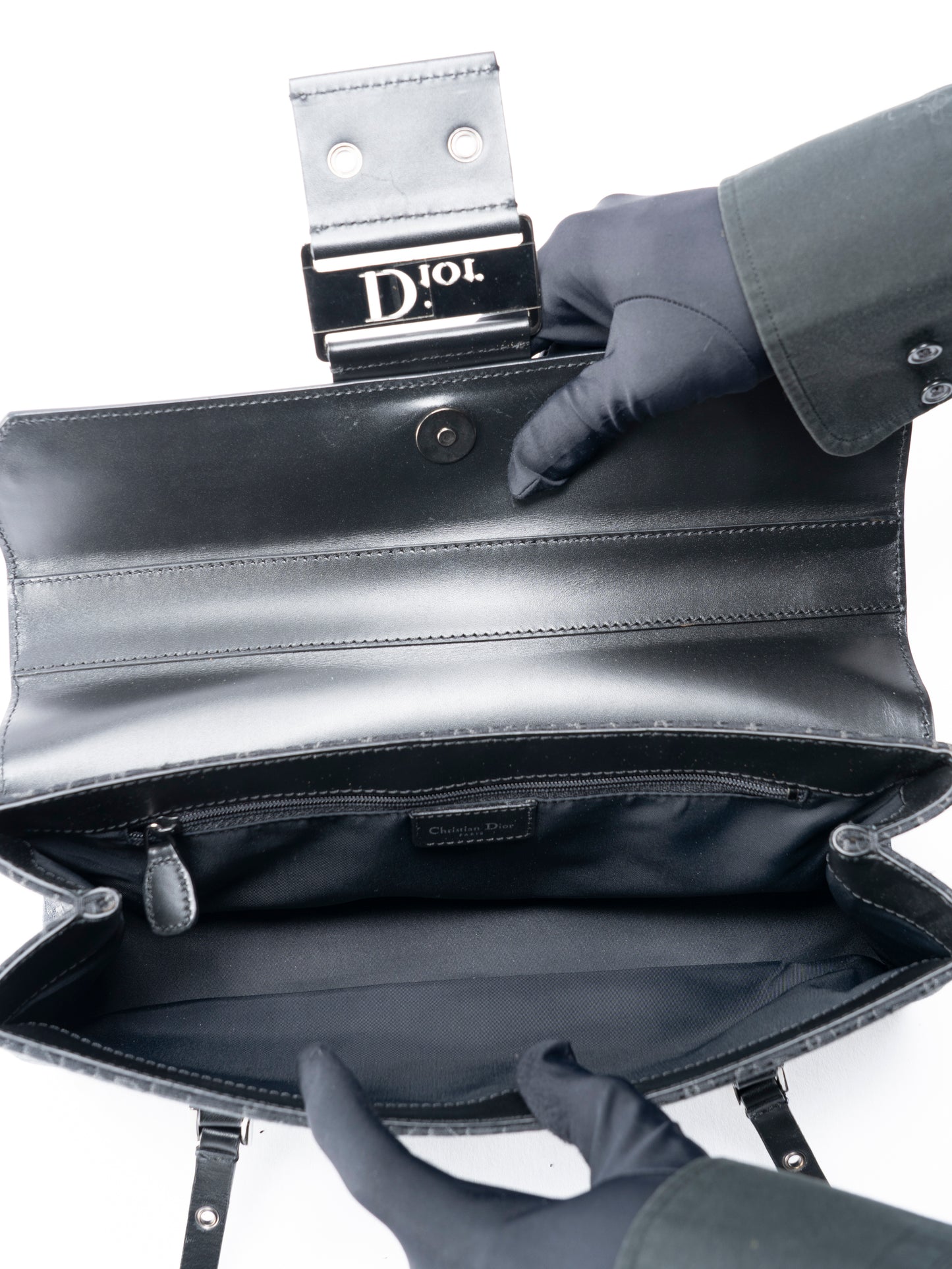 ディオール トロッター ストリートシック ショルダーバッグ レザー×キャンバス ブラック シルバー金具