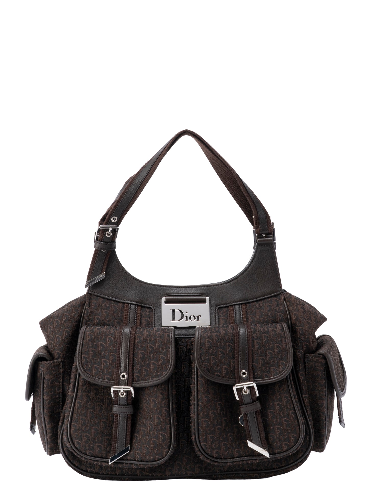 デイオール ストリートシック マルチポケット ハンドバッグ レザー×キャンバス ダークブラウン シルバー金具