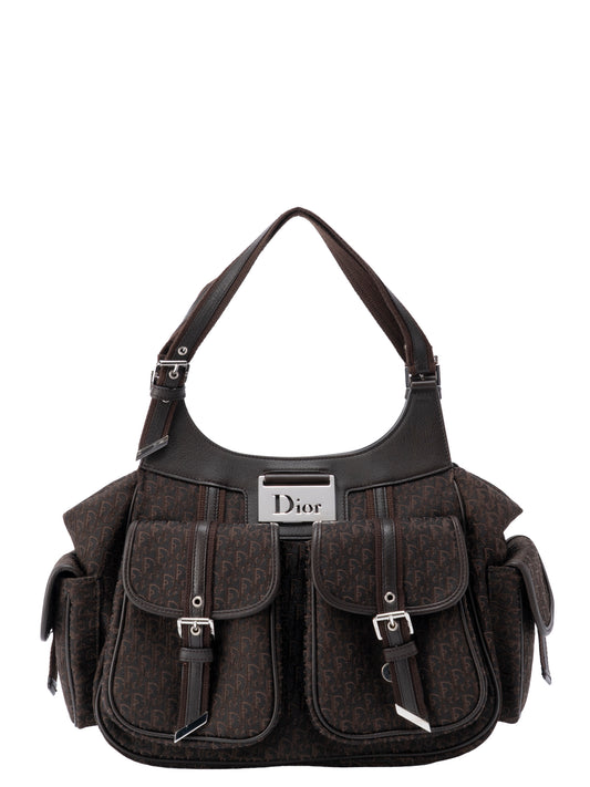 デイオール ストリートシック マルチポケット ハンドバッグ レザー×キャンバス ダークブラウン シルバー金具