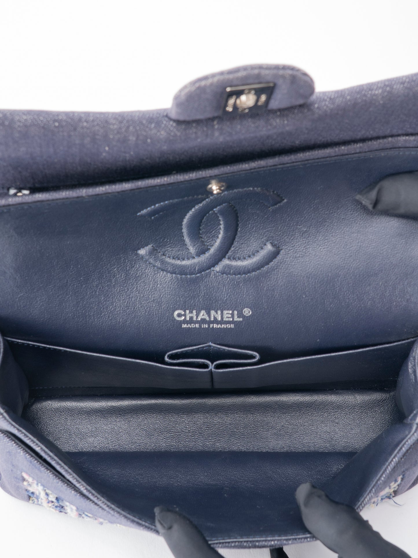 シャネル Wフラップ チェーンショルダーバッグ デニム×ツイード ネイビー シルバー金具