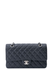 CHANEL W Flap Matelassé 25 Caviar Skin Shoulder Bag Black Silver Hardware