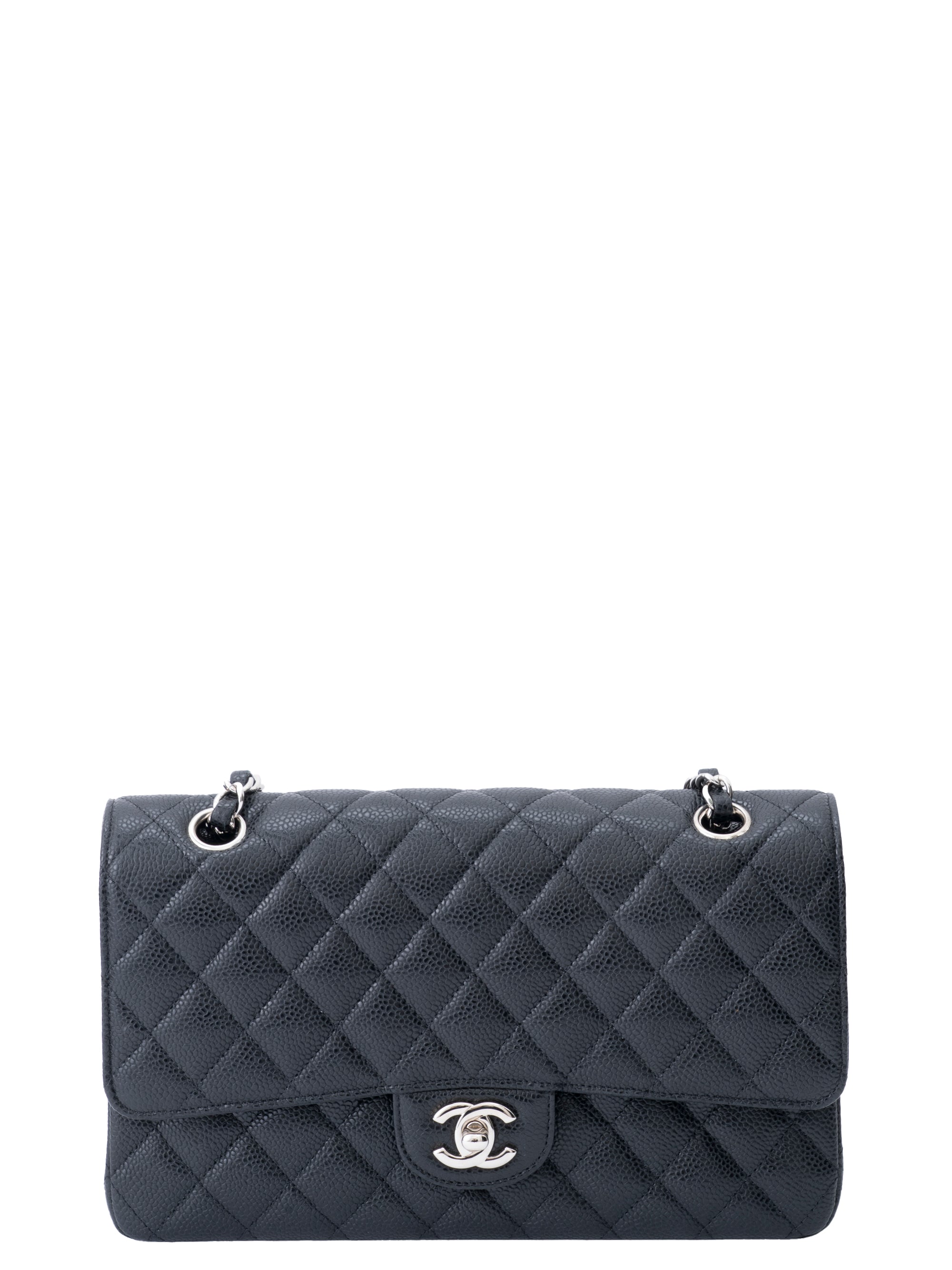 CHANEL W Flap Matelassé 25 Caviar Skin Shoulder Bag Black Silver Hardware