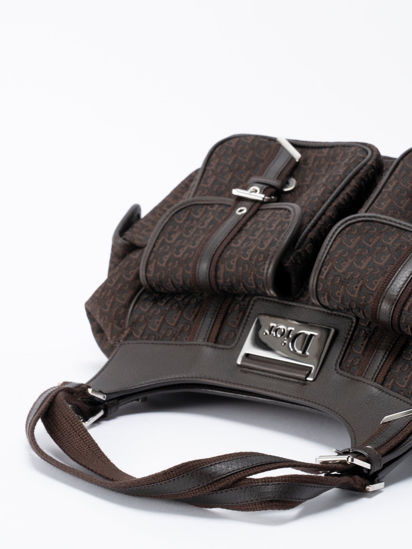 デイオール ストリートシック マルチポケット ハンドバッグ レザー×キャンバス ダークブラウン シルバー金具