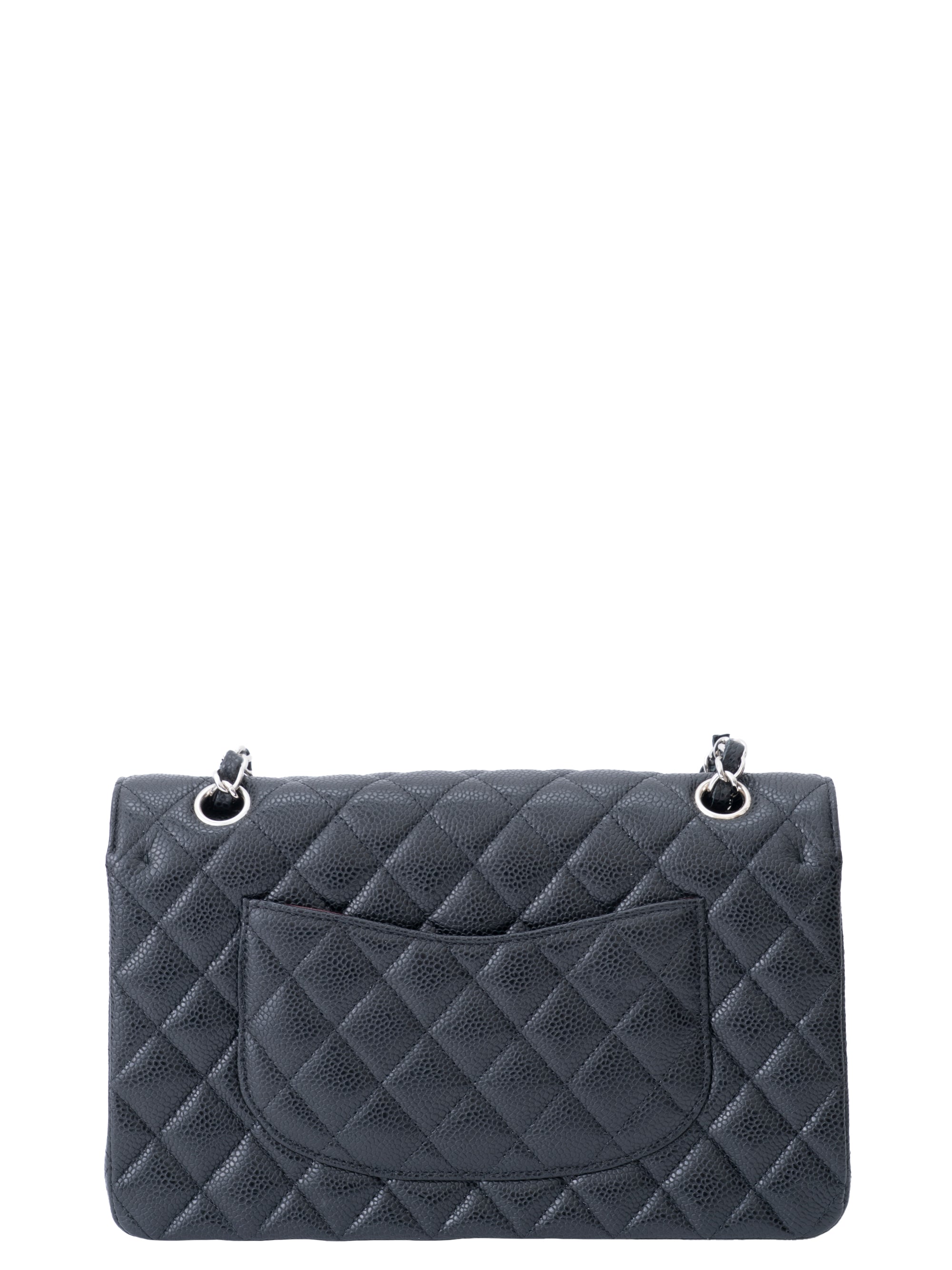CHANEL W Flap Matelassé 25 Caviar Skin Shoulder Bag Black Silver Hardware