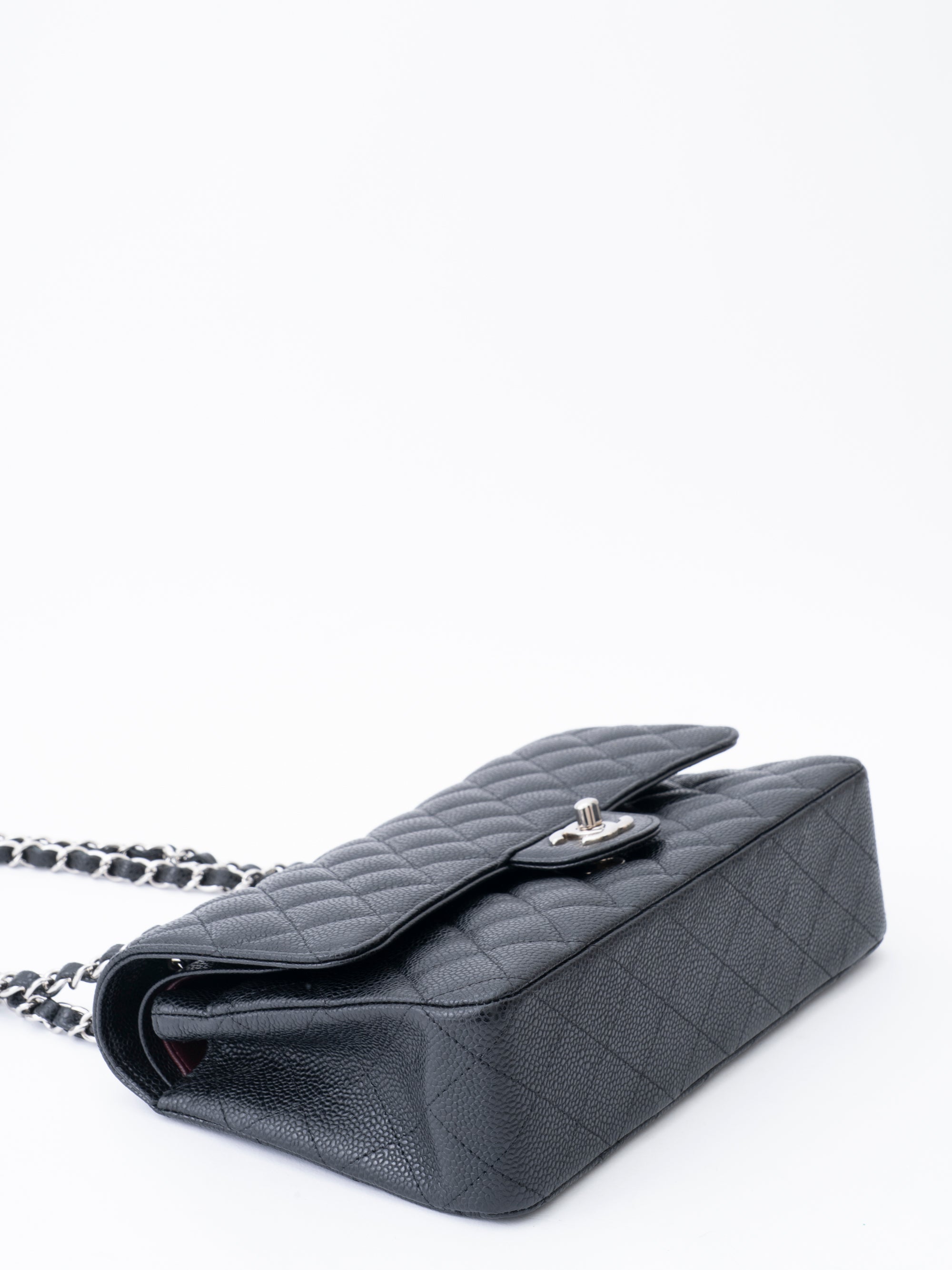 CHANEL W Flap Matelassé 25 Caviar Skin Shoulder Bag Black Silver Hardware