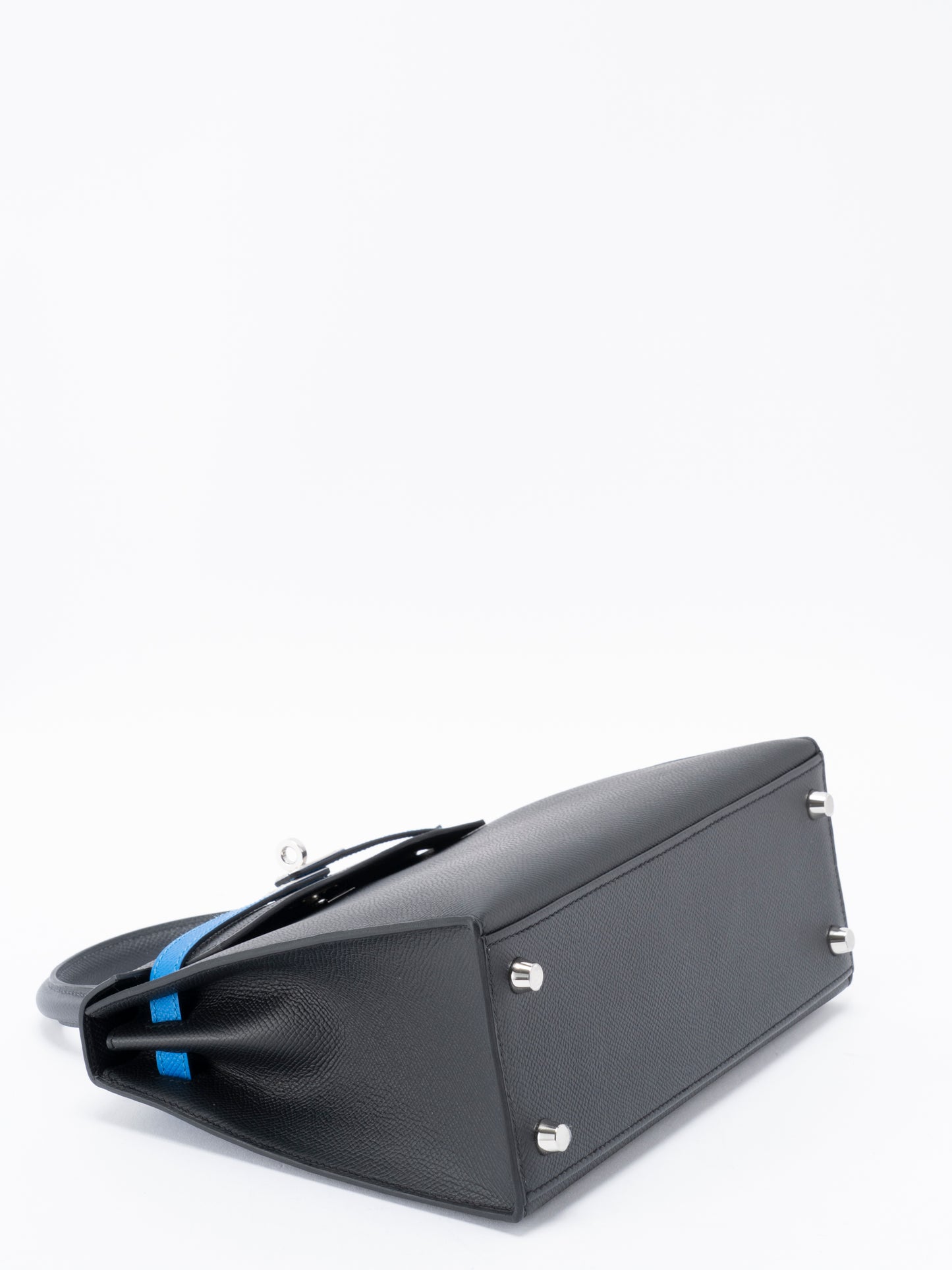 エルメス ケリー25 トリコロール ハンドバッグ 外縫い K刻:2025年 エプソン ブラック×ブルーイドラ×アルドワーズ シルバー金具 新品