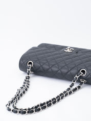 CHANEL W Flap Matelassé 25 Caviar Skin Shoulder Bag Black Silver Hardware