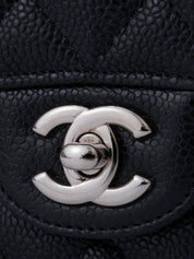 CHANEL W Flap Matelassé 25 Caviar Skin Shoulder Bag Black Silver Hardware
