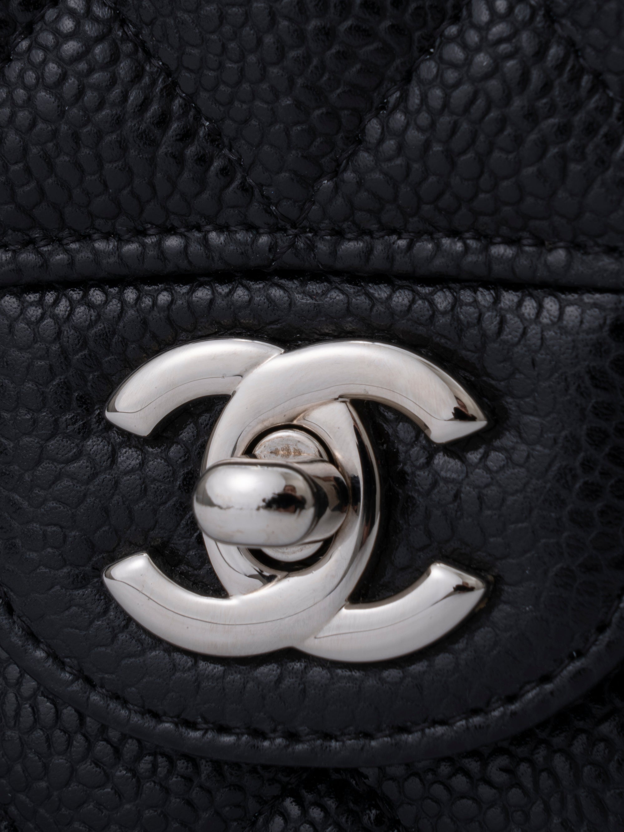 CHANEL W Flap Matelassé 25 Caviar Skin Shoulder Bag Black Silver Hardware