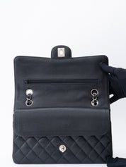 CHANEL W Flap Matelassé 25 Caviar Skin Shoulder Bag Black Silver Hardware