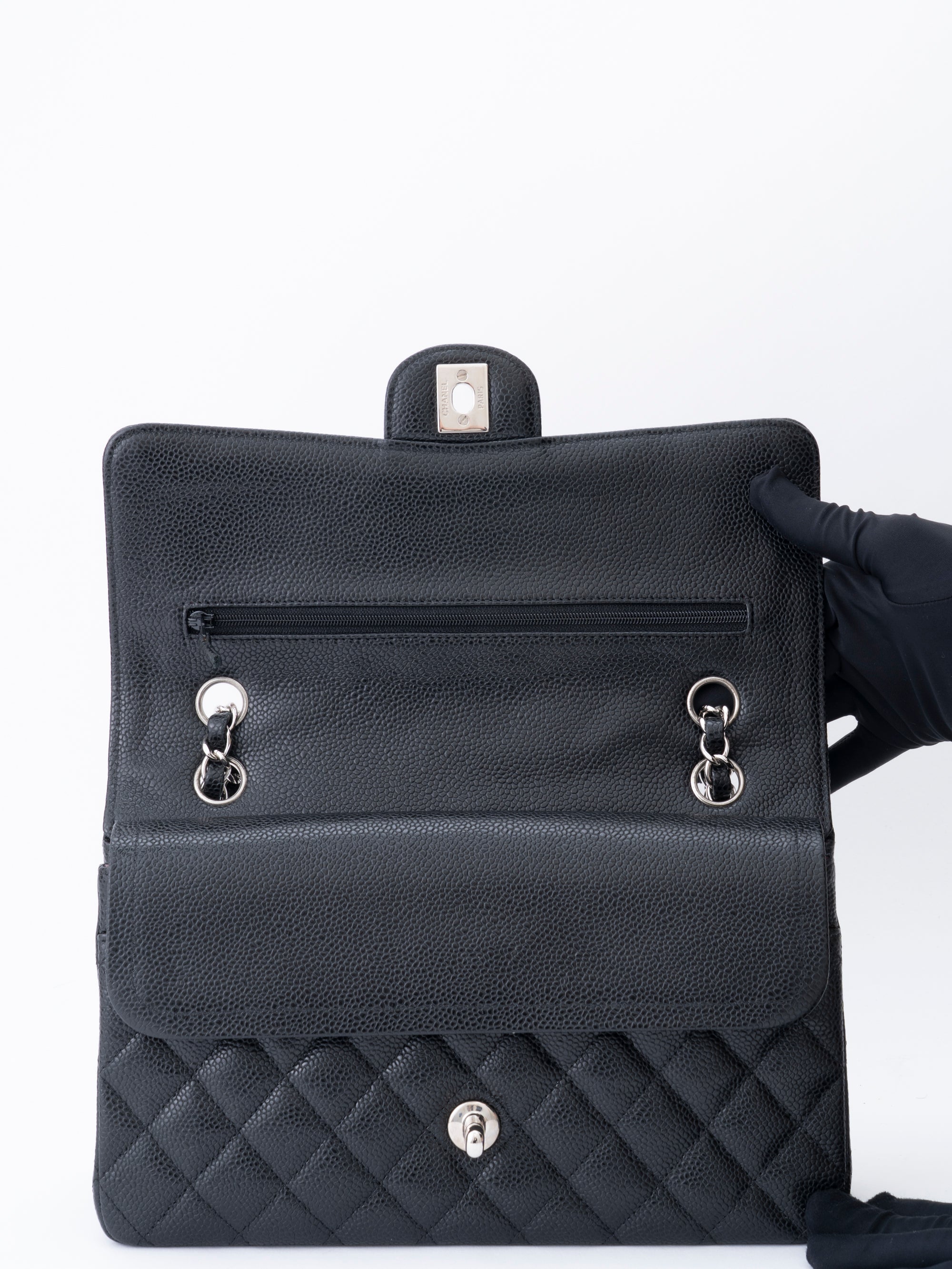 CHANEL W Flap Matelassé 25 Caviar Skin Shoulder Bag Black Silver Hardware
