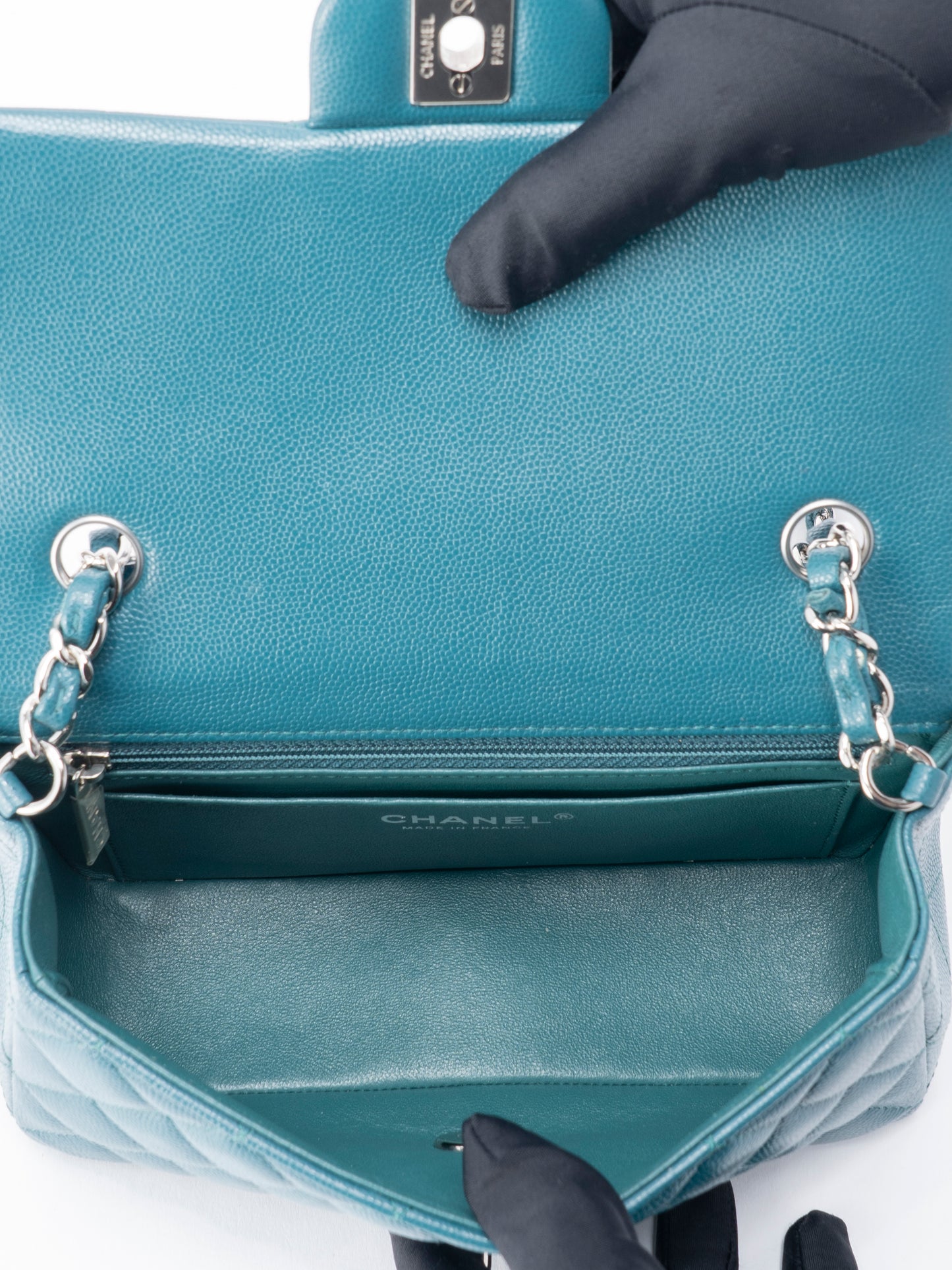 シャネル ミニマトラッセ20 チェーンショルダーバッグ キャビアスキン ダークグリーン シルバー金具