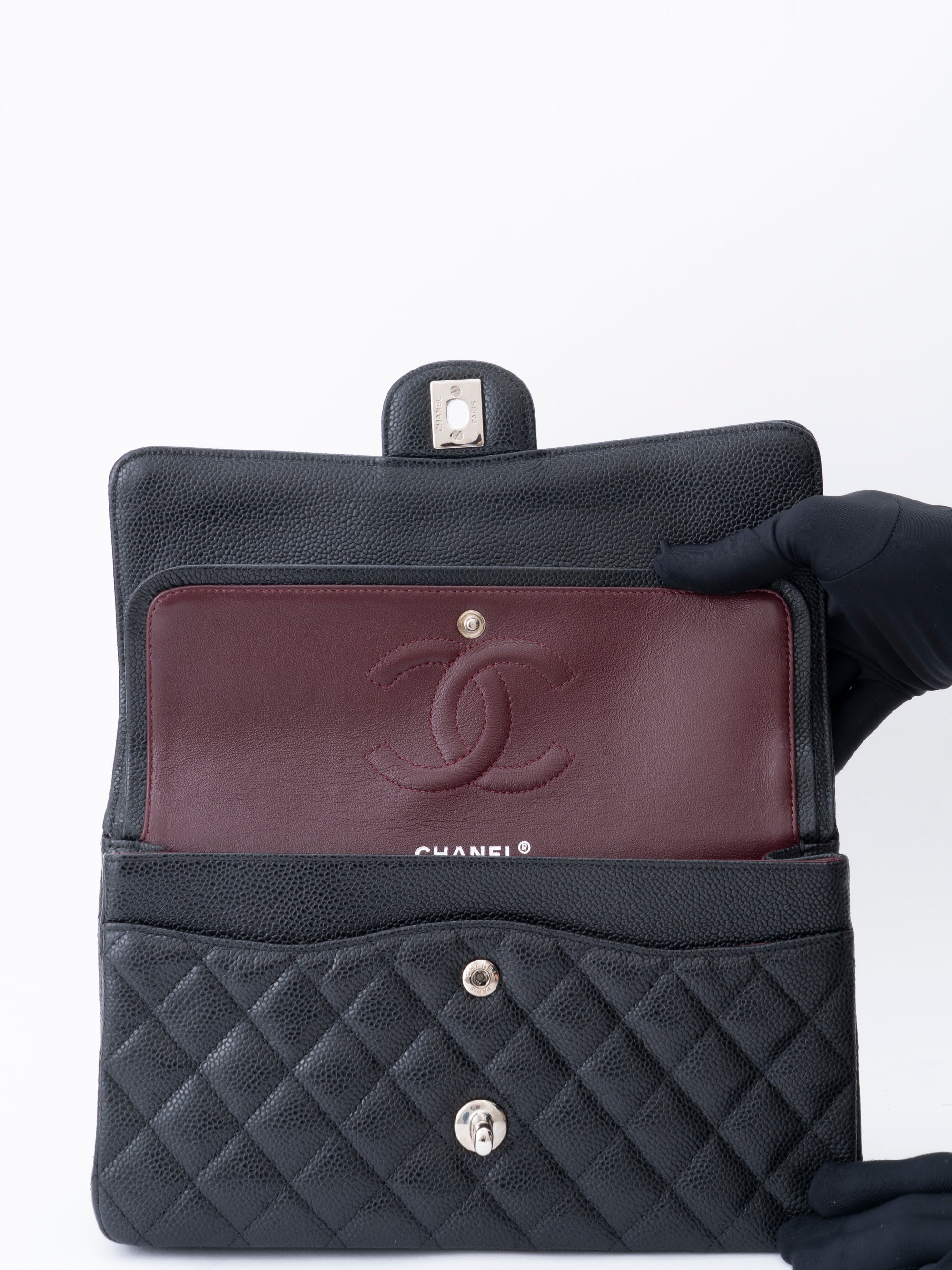 CHANEL W Flap Matelassé 25 Caviar Skin Shoulder Bag Black Silver Hardware