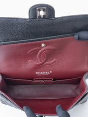 CHANEL W Flap Matelassé 25 Caviar Skin Shoulder Bag Black Silver Hardware
