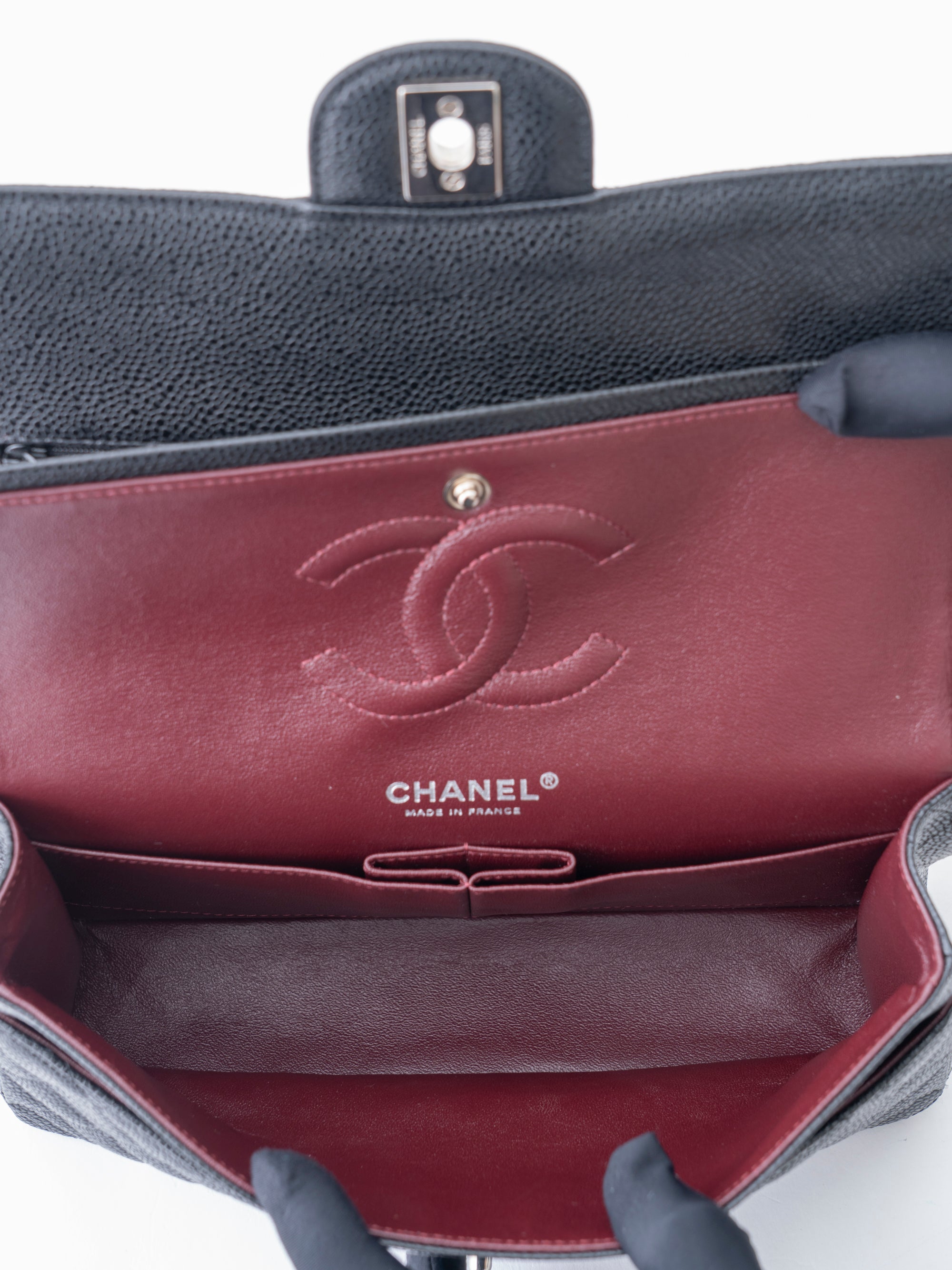 CHANEL W Flap Matelassé 25 Caviar Skin Shoulder Bag Black Silver Hardware