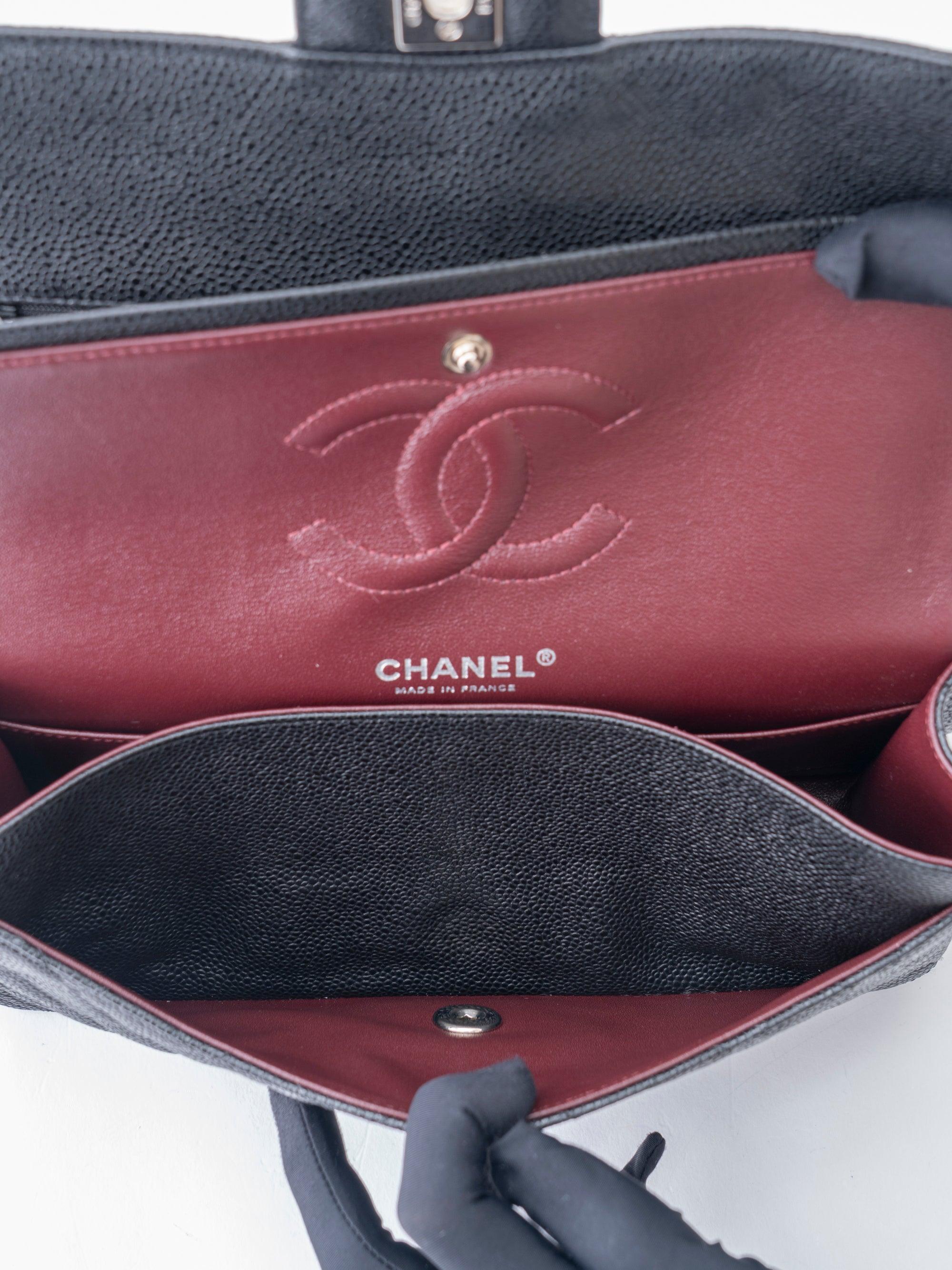 CHANEL W Flap Matelassé 25 Caviar Skin Shoulder Bag Black Silver Hardware