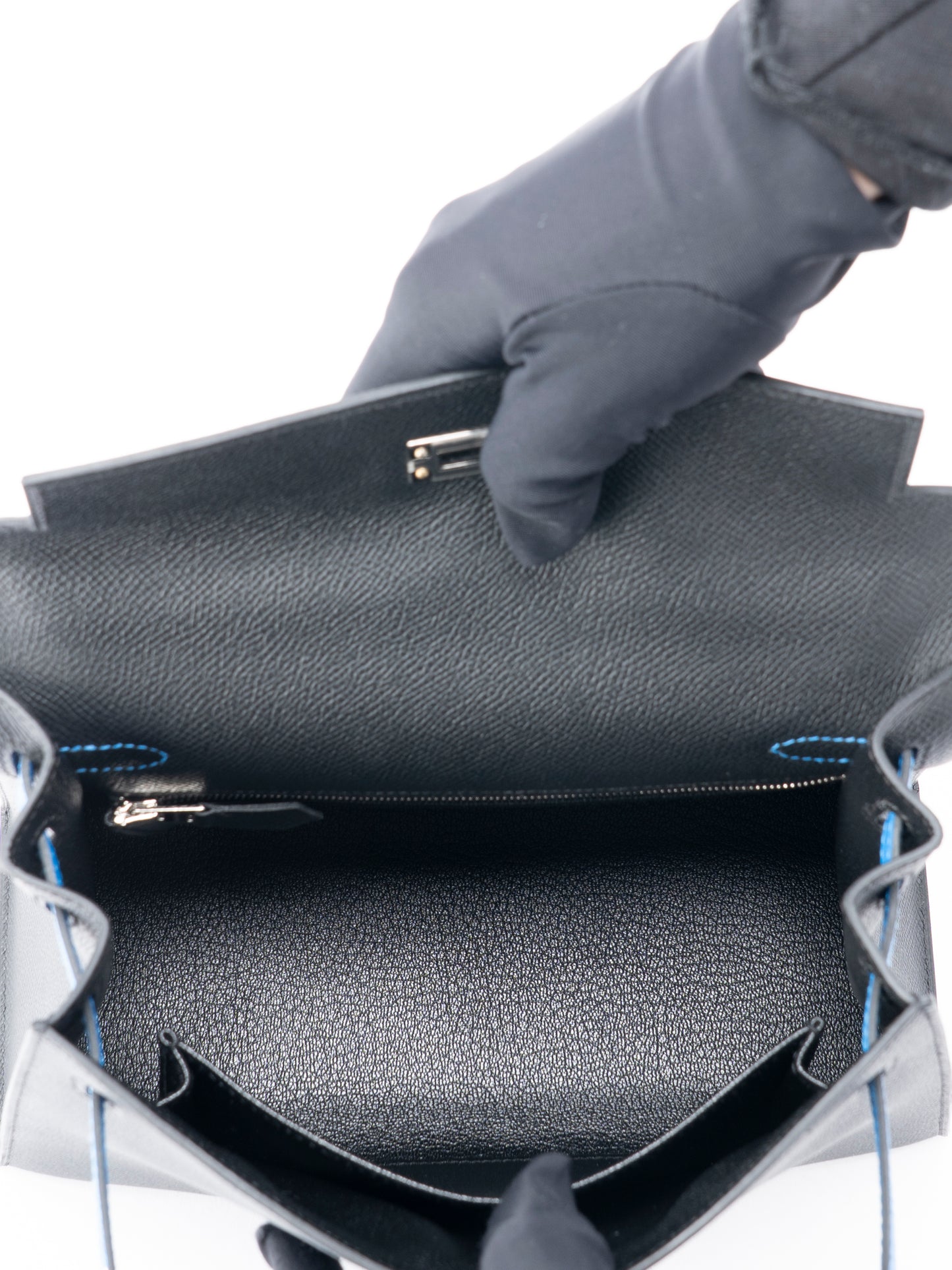 エルメス ケリー25 トリコロール ハンドバッグ 外縫い K刻:2025年 エプソン ブラック×ブルーイドラ×アルドワーズ シルバー金具 新品