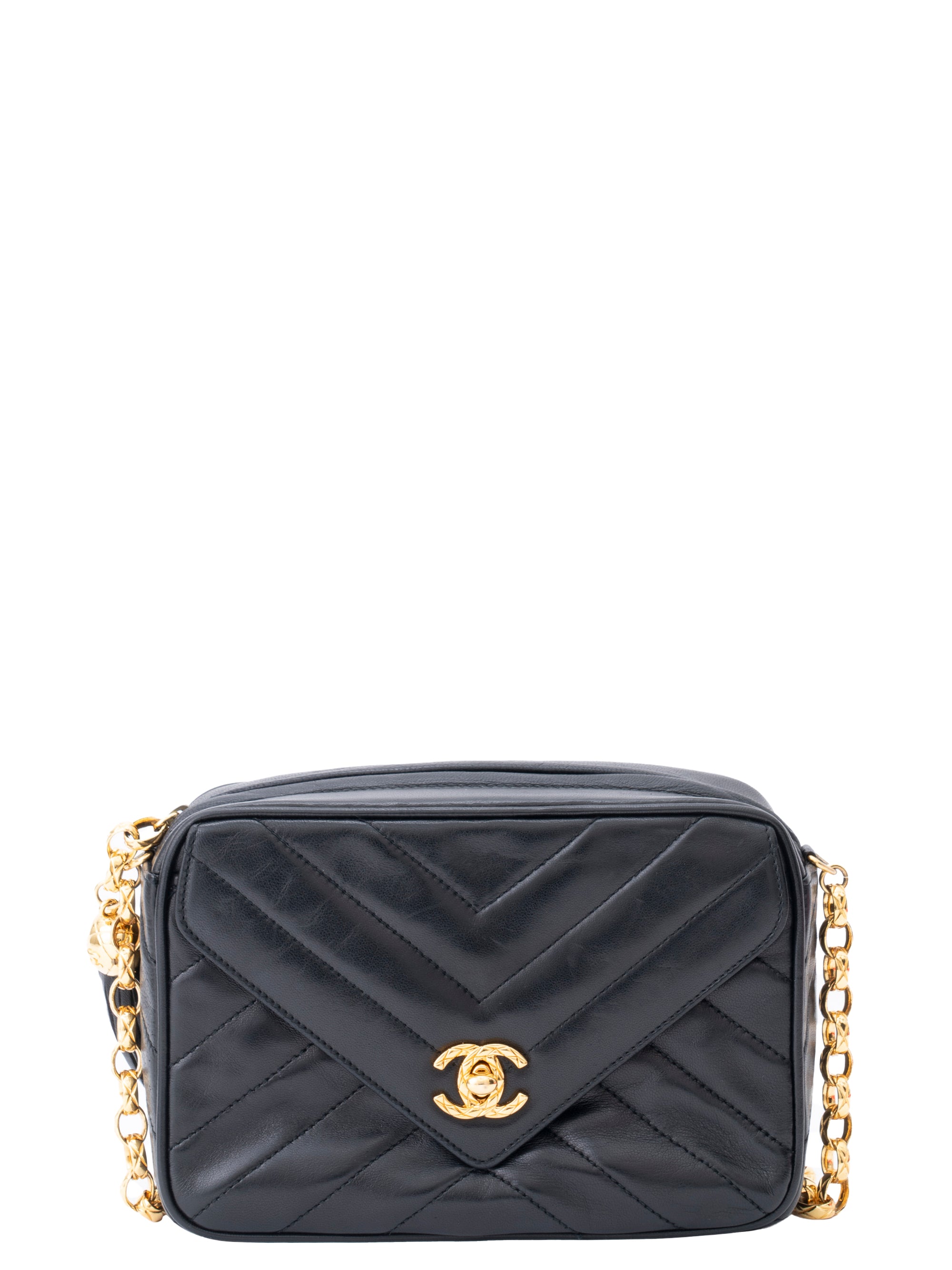 CHANEL V-Stitch Chain Camera Bag Lambskin Black Gold Hardware
