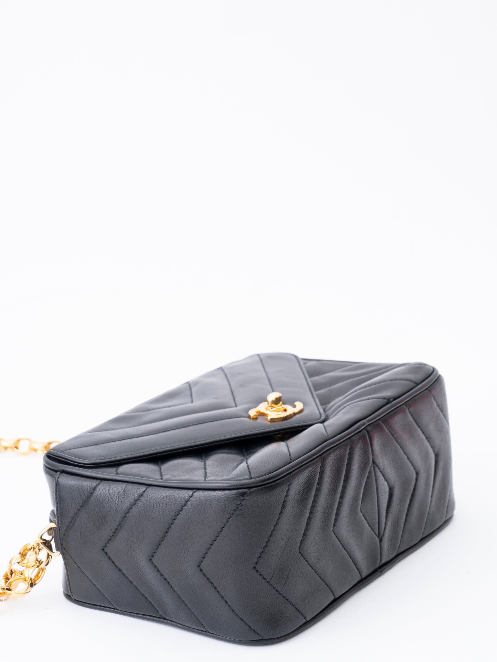 CHANEL V-Stitch Chain Camera Bag Lambskin Black Gold Hardware