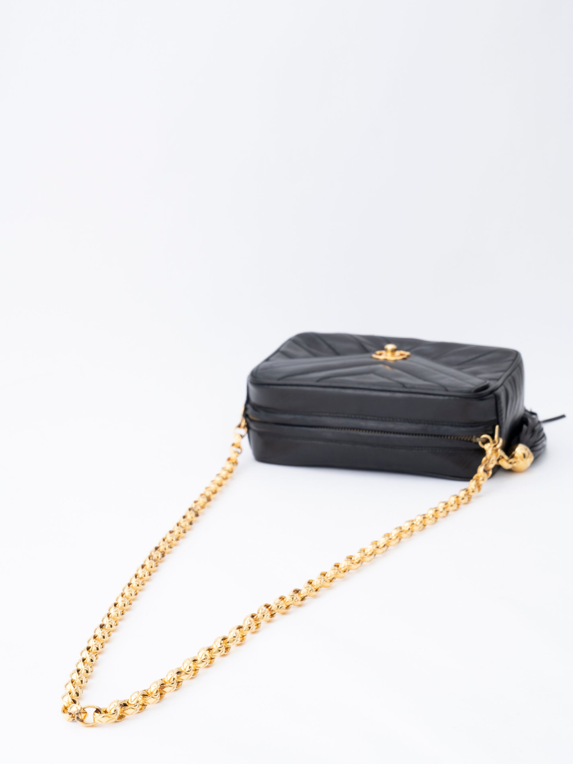 CHANEL V-Stitch Chain Camera Bag Lambskin Black Gold Hardware