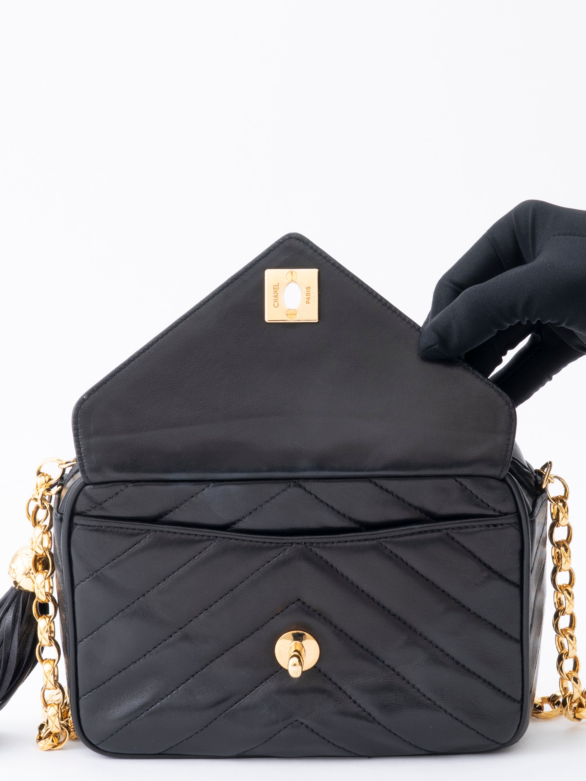 CHANEL V-Stitch Chain Camera Bag Lambskin Black Gold Hardware