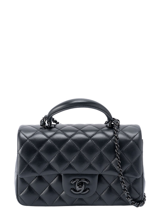 シャネル トップハンドル ミニフラップ シリアルプレート 2WAYショルダーバッグ ラムスキン ブラック ブラック金具