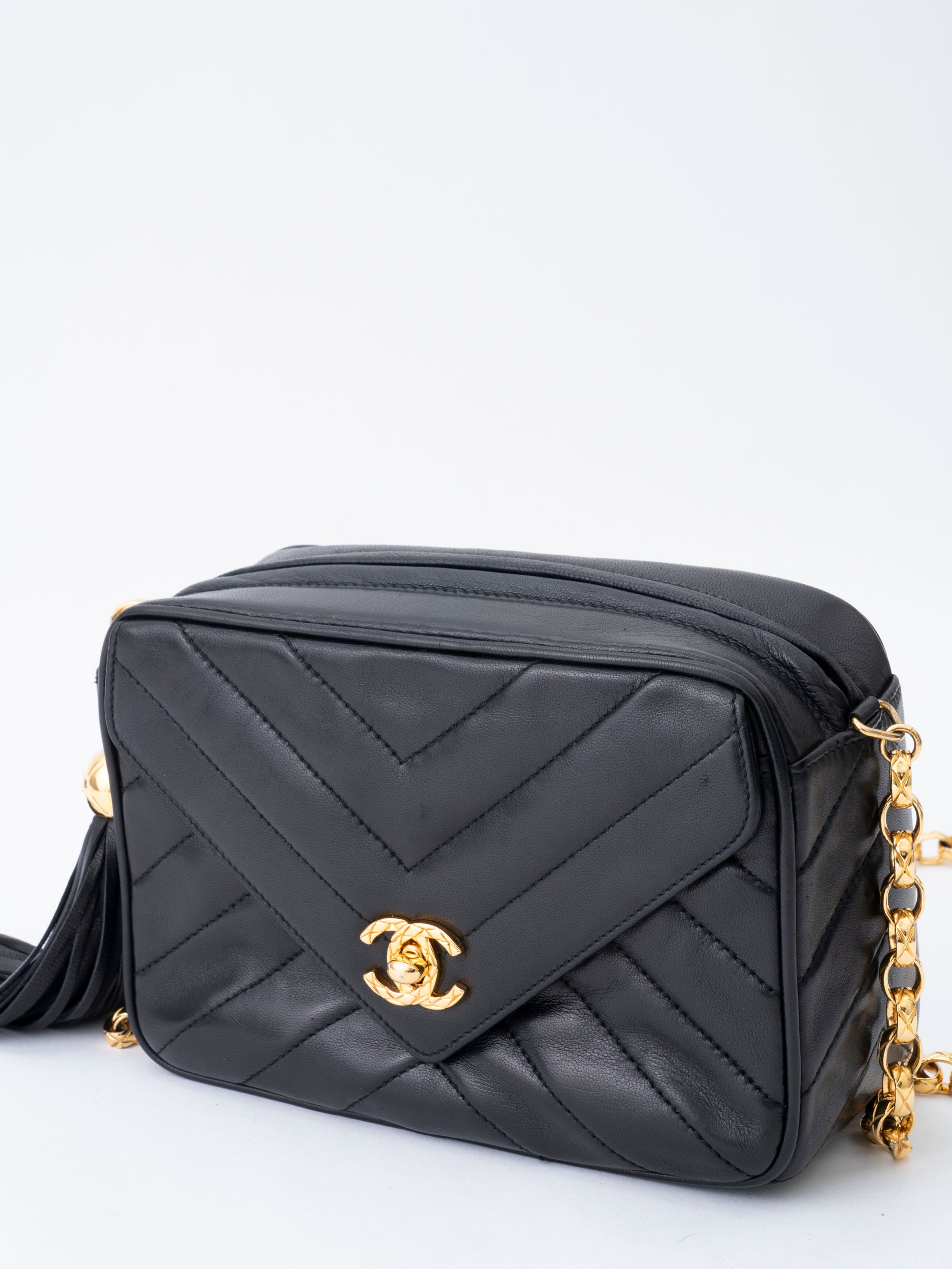 CHANEL V-Stitch Chain Camera Bag Lambskin Black Gold Hardware