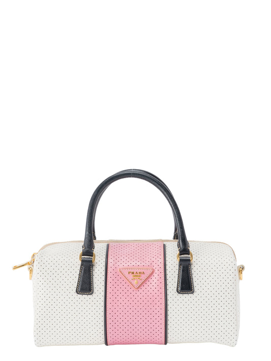 プラダ 三角プレート ミニボストンバッグ レザー ホワイト×ピンク×ブラック ゴールド金具