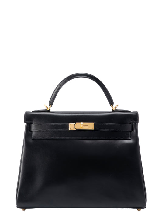 エルメス ケリー32 ハンドバッグ 内縫い □D刻:2000年 ボックスカーフ ブラック ゴールド金具