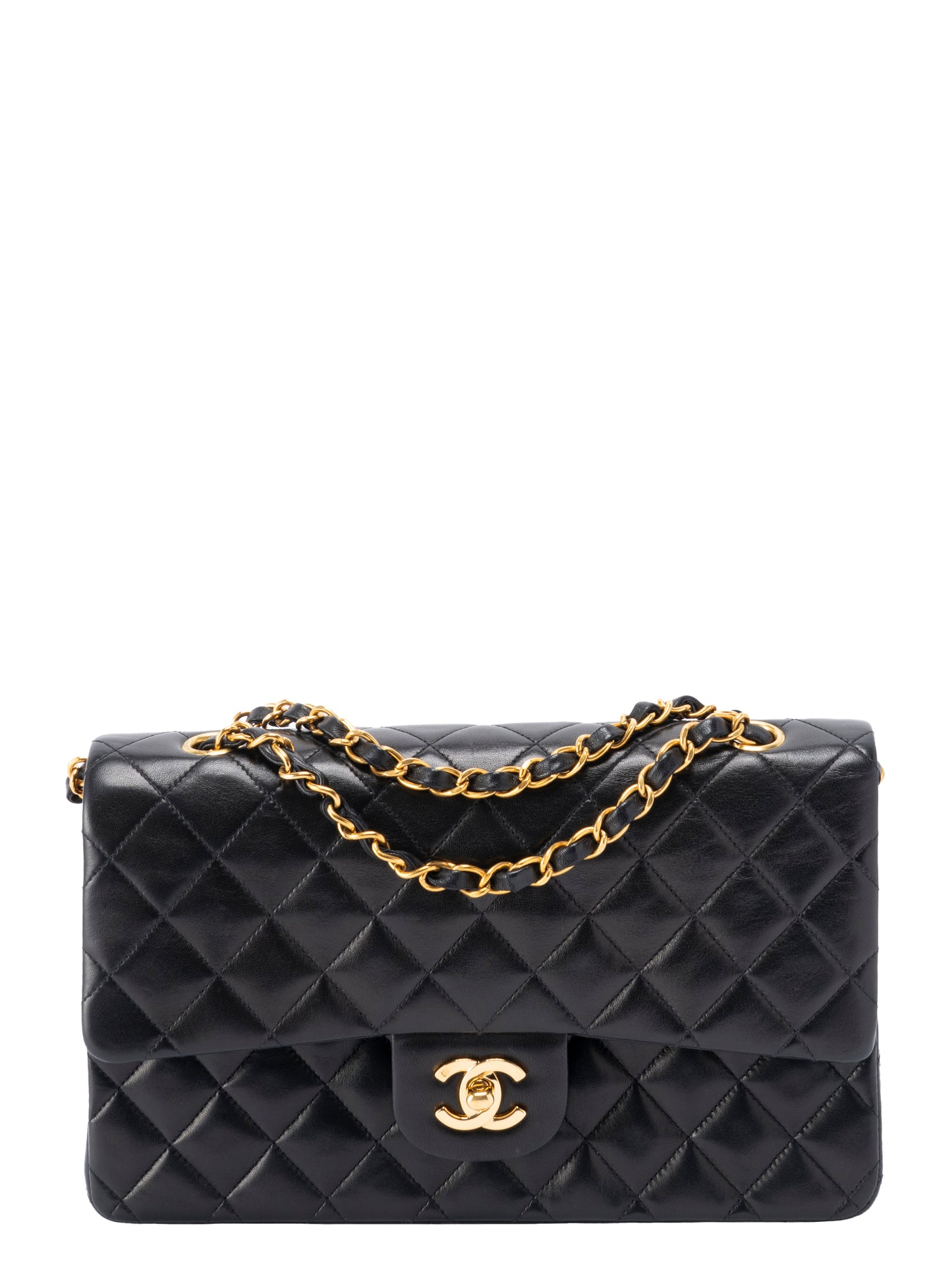シャネル Wフラップ マトラッセ25 チェーンショルダー バッグ ラムスキン ブラック ゴールド金具