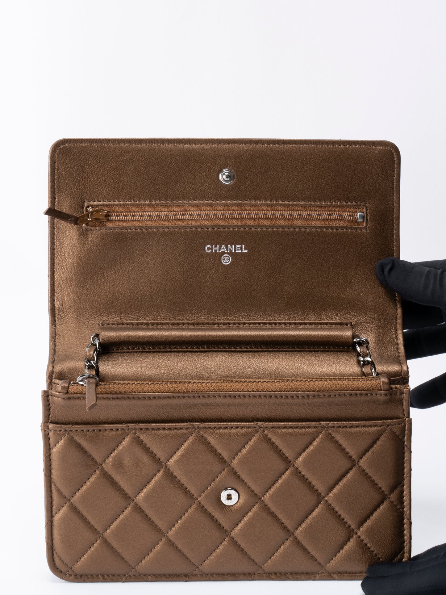 シャネル マトラッセ チェーンウォレット ラムスキン ブロンズ シルバー金具