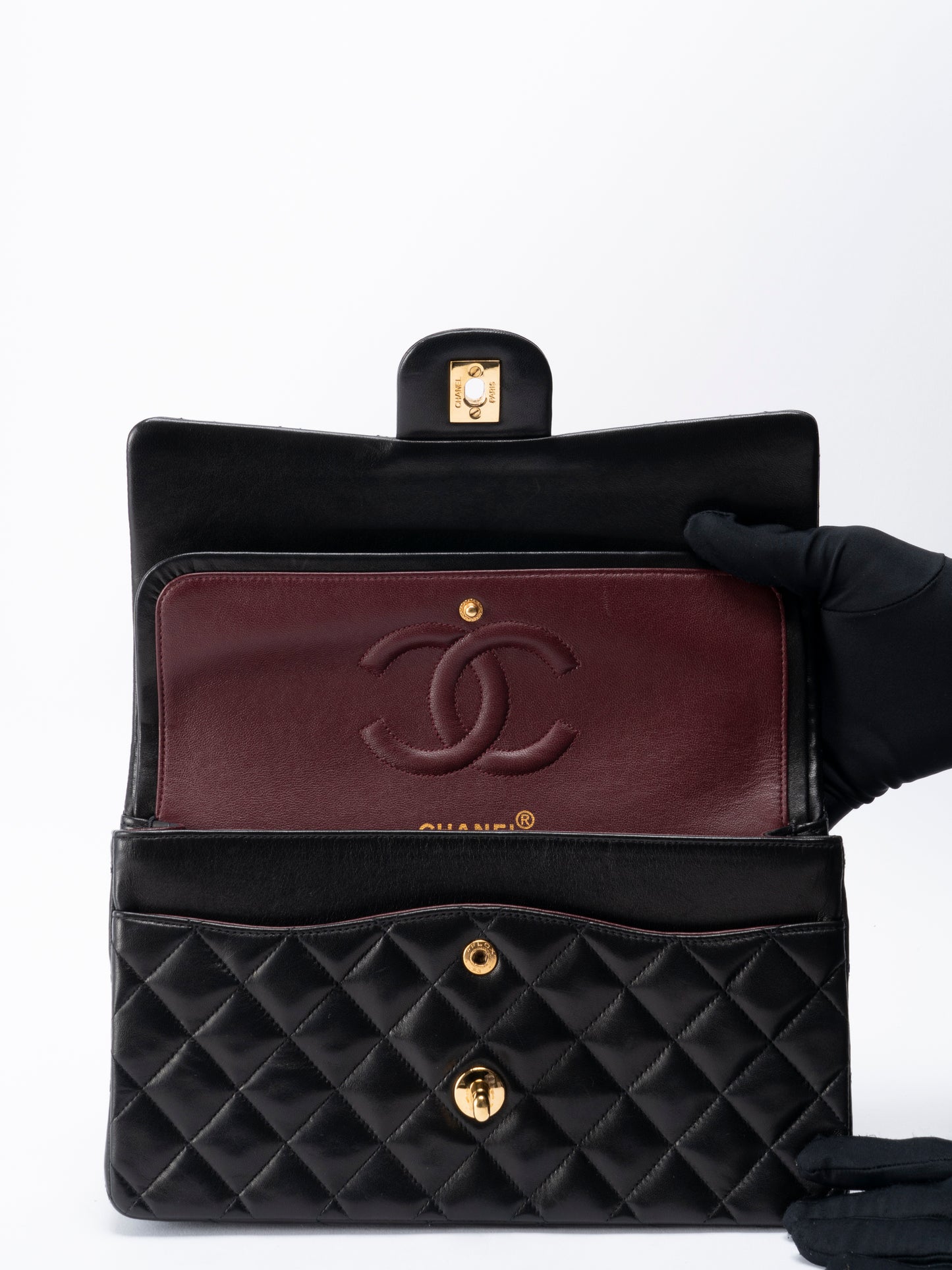 シャネル Wフラップ マトラッセ25 チェーンショルダー バッグ ラムスキン ブラック ゴールド金具