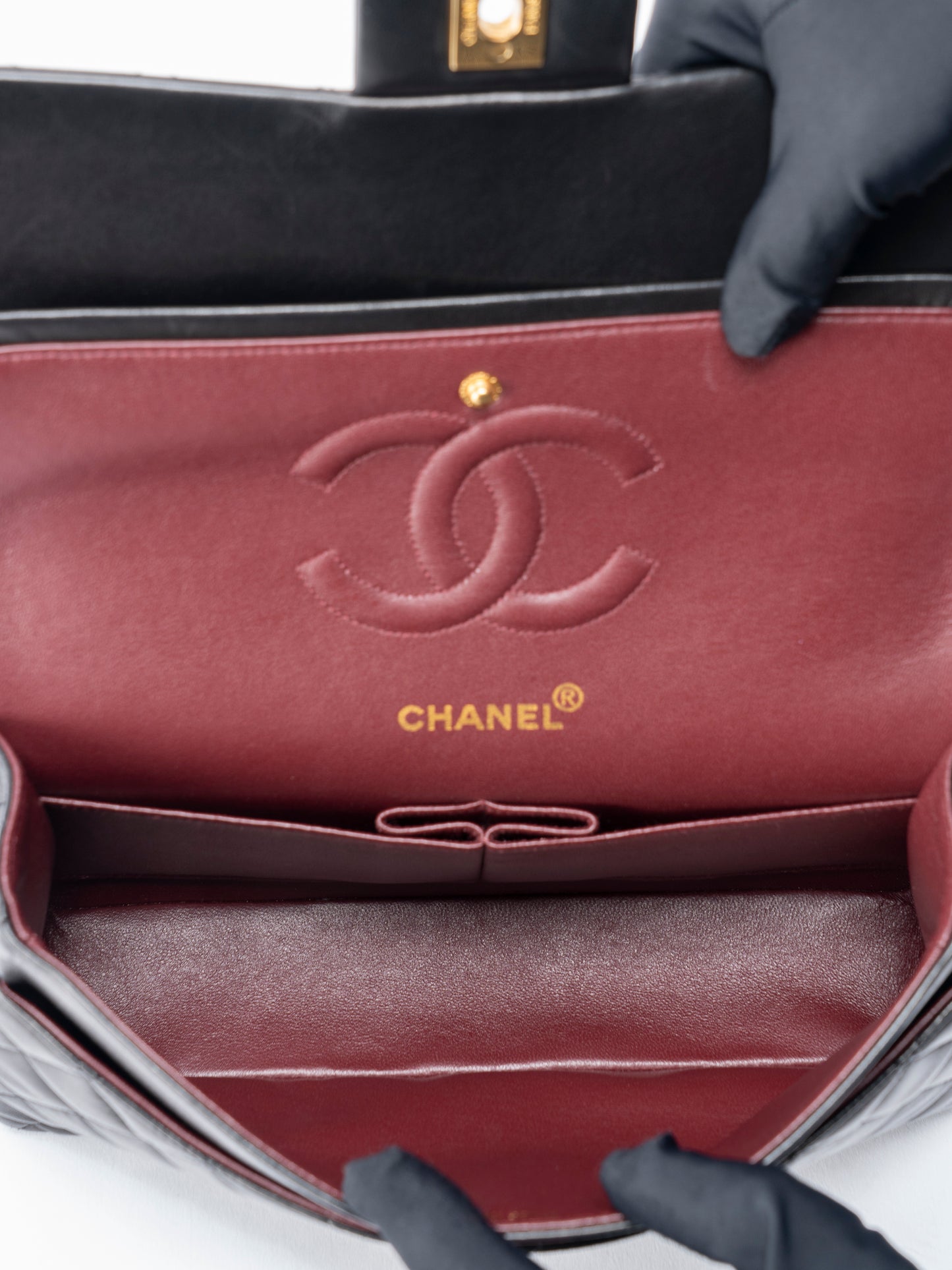 シャネル Wフラップ マトラッセ25 チェーンショルダー バッグ ラムスキン ブラック ゴールド金具