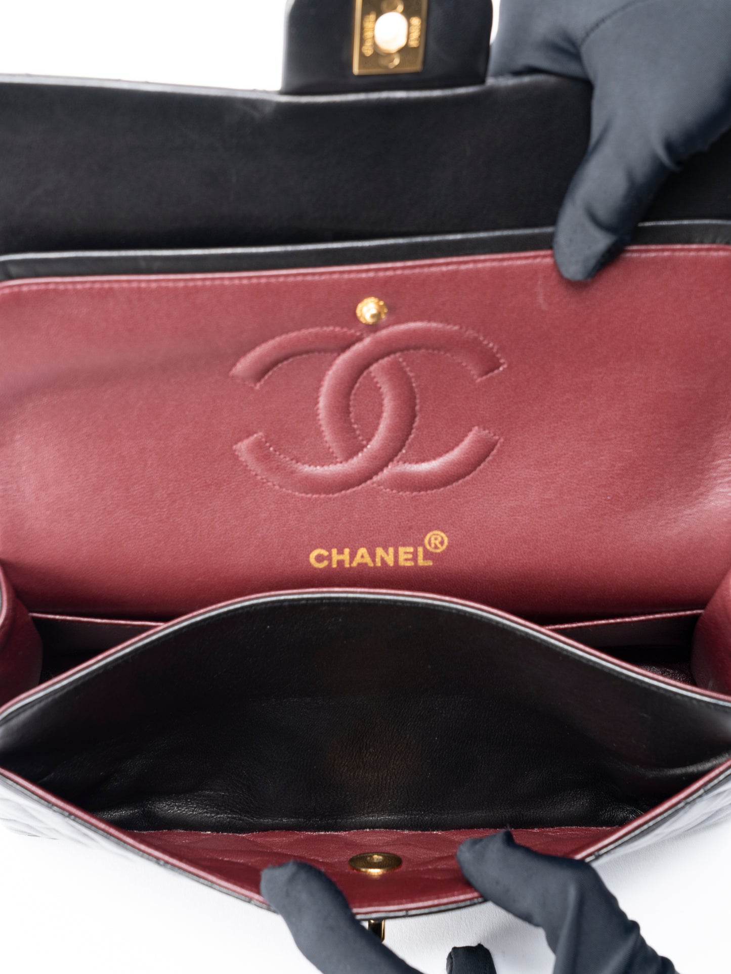 シャネル Wフラップ マトラッセ25 チェーンショルダー バッグ ラムスキン ブラック ゴールド金具