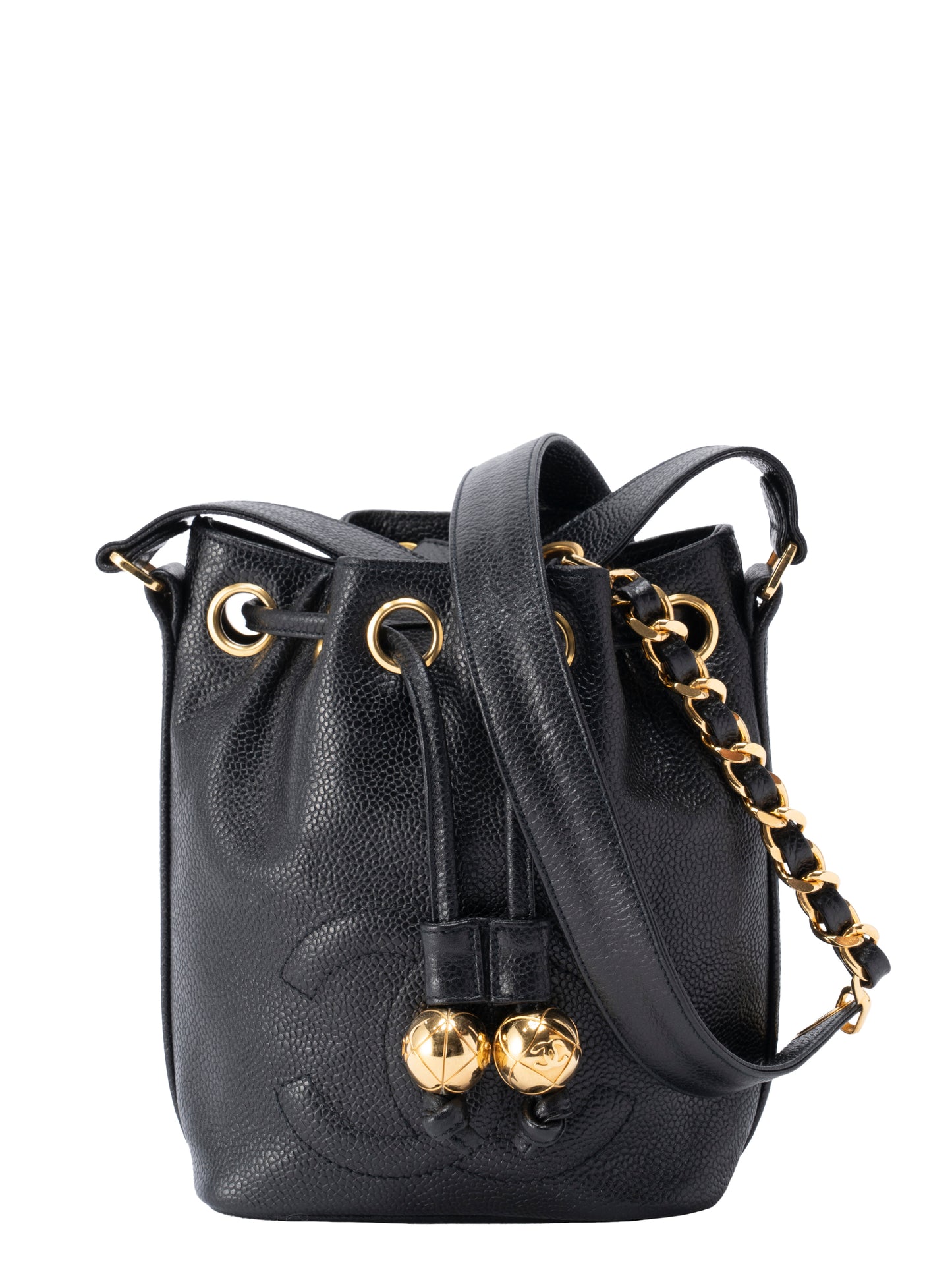 シャネル デカココ 巾着 チェーンショルダーバッグ キャビアスキン ブラック ゴールド金具