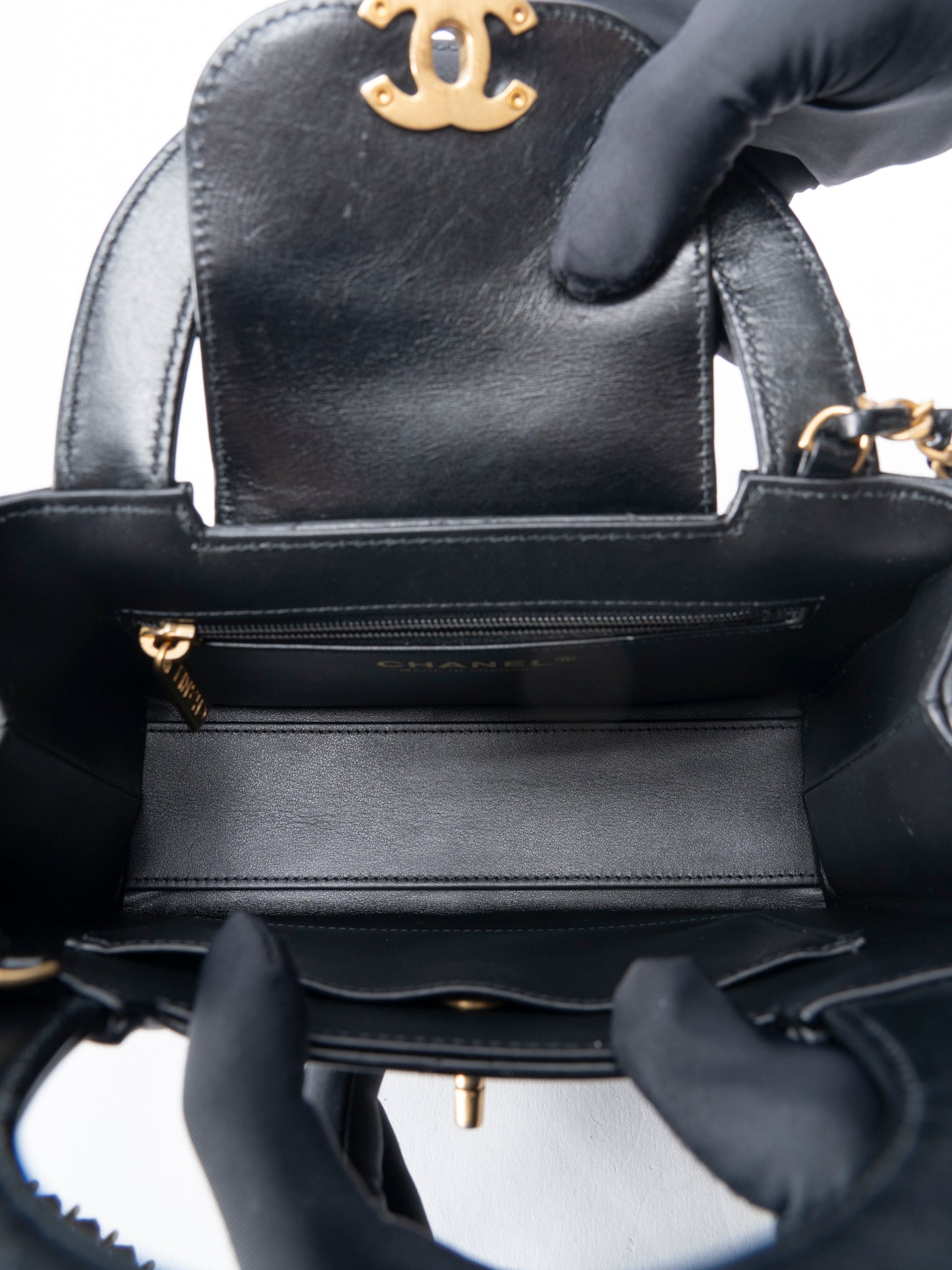 シャネル ミニ ショッピング シリアルプレート 2WAY チェーンショルダーバッグ カーフスキン ブラック ゴールド金具