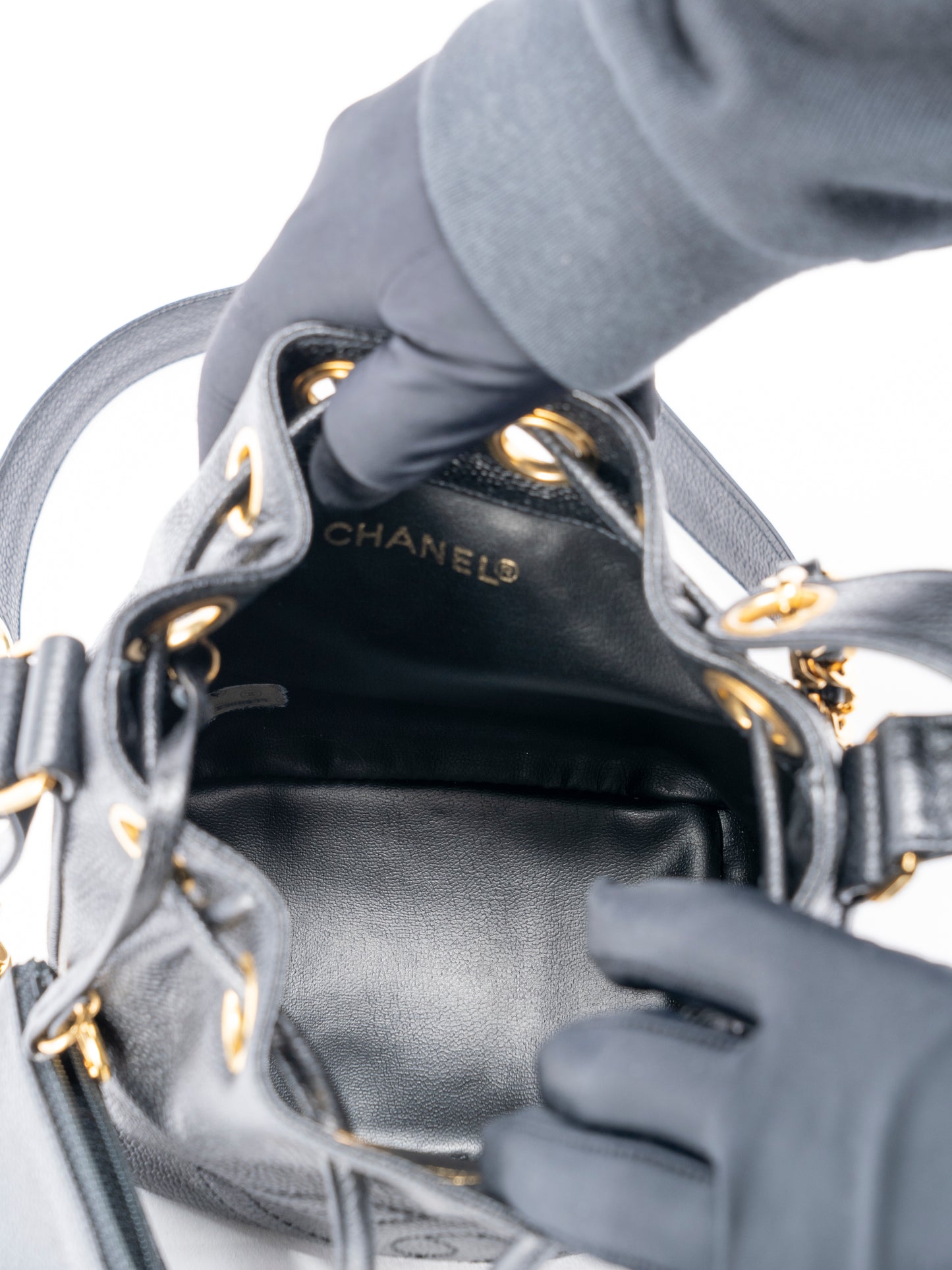 シャネル デカココ 巾着 チェーンショルダーバッグ キャビアスキン ブラック ゴールド金具