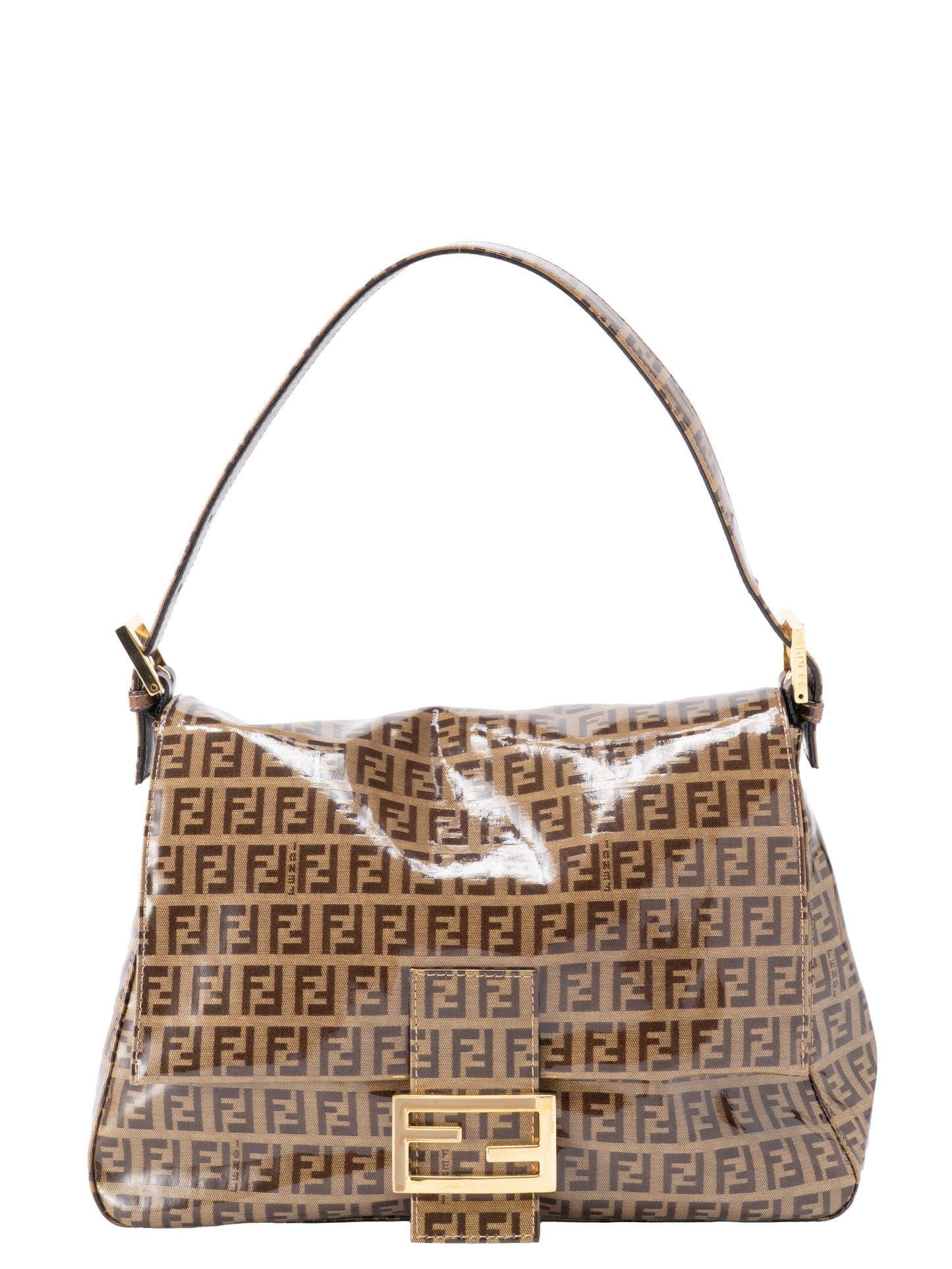 フェンディ ズッキーノ マンマバケット ショルダーバッグ コーティングキャンバス ブラウン ゴールド金具