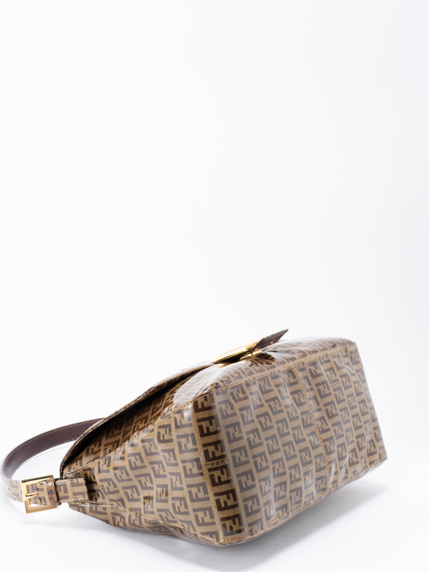 フェンディ ズッキーノ マンマバケット ショルダーバッグ コーティングキャンバス ブラウン ゴールド金具